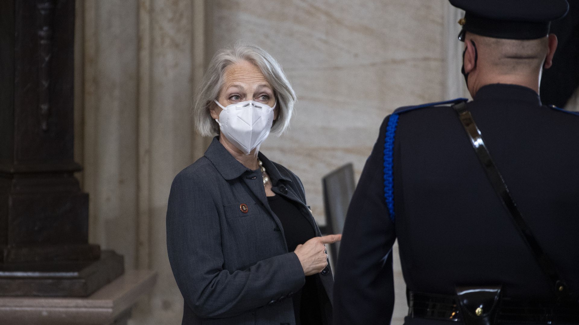 Karen Gibson, Senate sergeant-at-arms, attends the service for U.S. Capitol Officer William Billy Evans, as his remains lie in honor in the Capitol Rotunda in Washington, D.C., on Tuesday, April 13