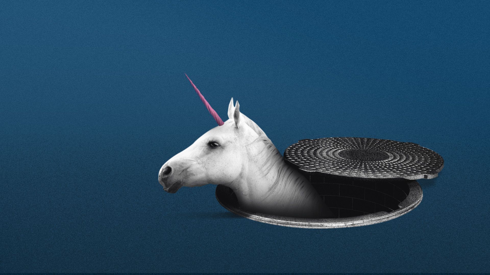 a unicorn coming out of a sewer and sticking its head out of a manhole cover