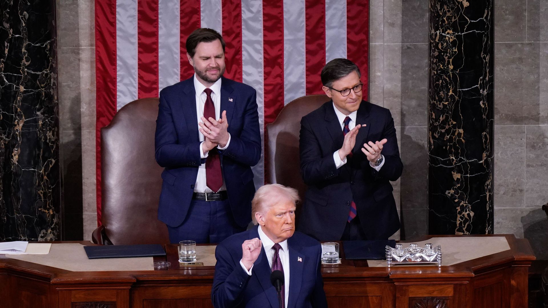 President Trump addresses a joint session of Congress as Vice President Vance and House Speaker Mike Johnson listen on March 4, 2025.