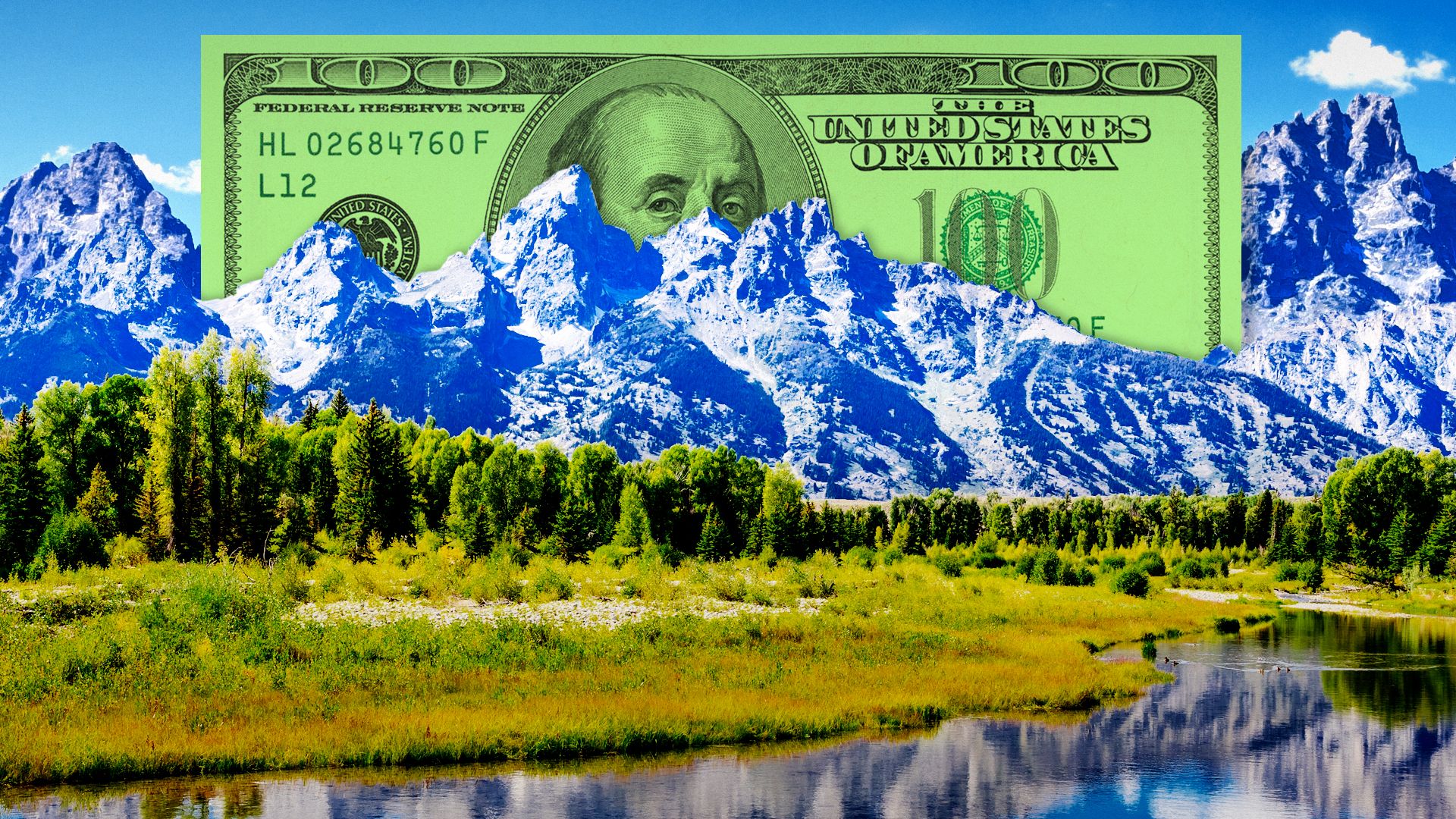 Illustration of Benjamin Franklin on the 100 dollar bill peaking over the mountains of a scenic landscape.