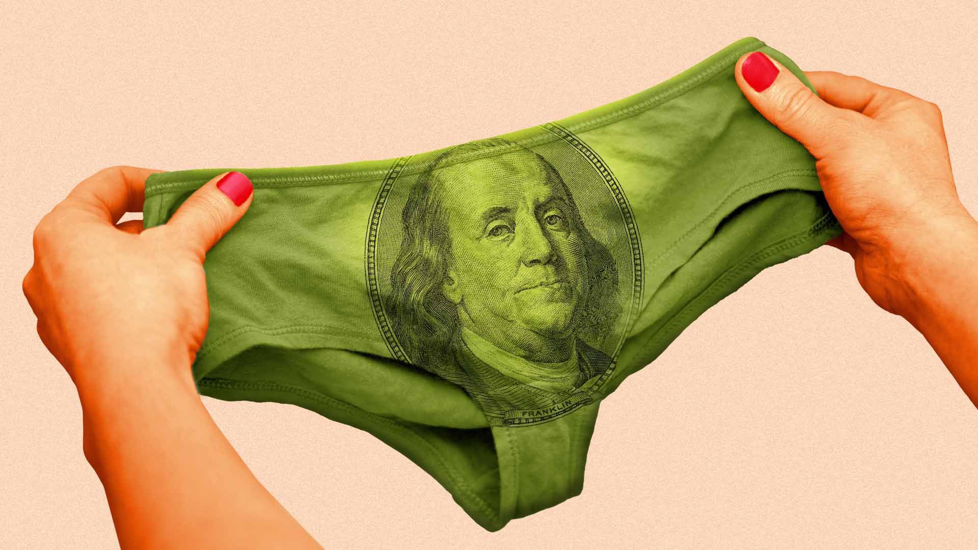 Illustration of a pair of hands holding up a pair of green underwear with Ben Franklin's face from a hundred dollar bill on the front