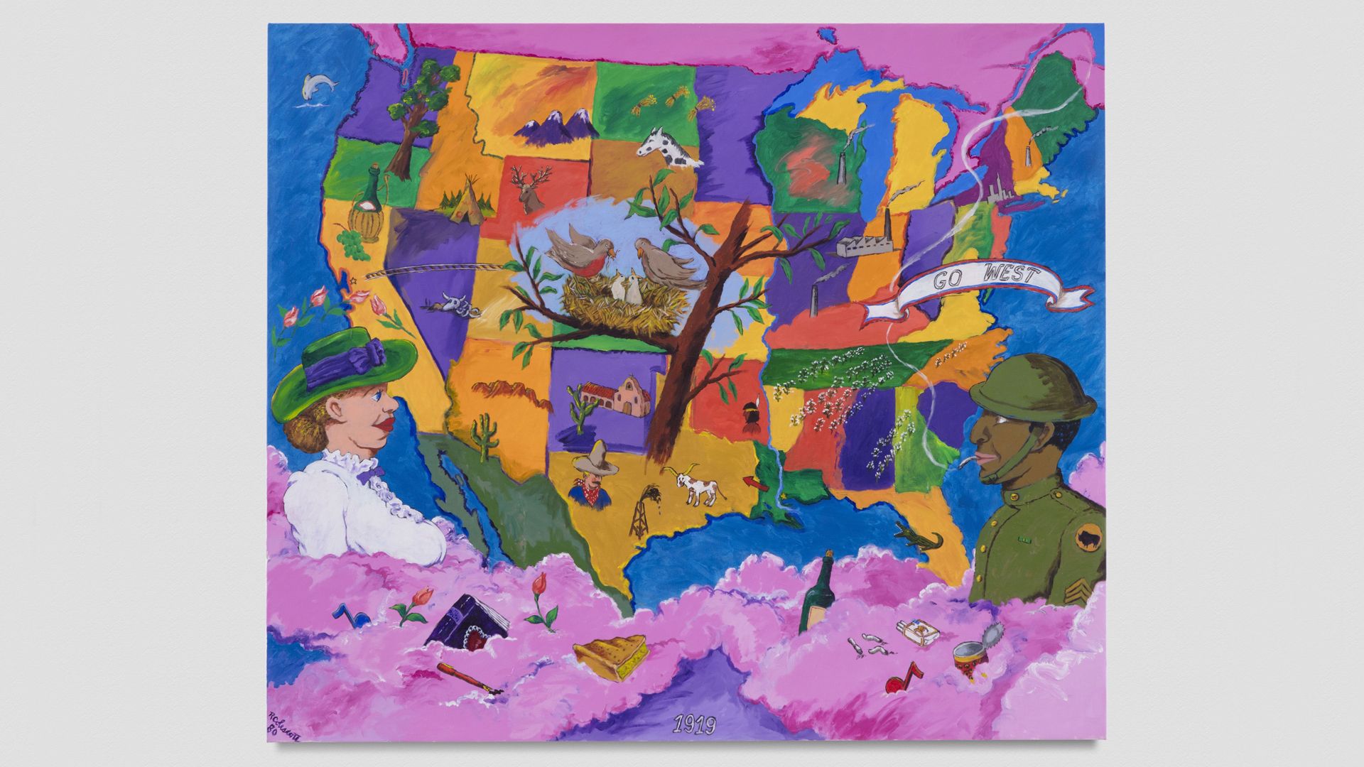 a painting of a white woman and a black soldier both looking at a colorful map of the united states