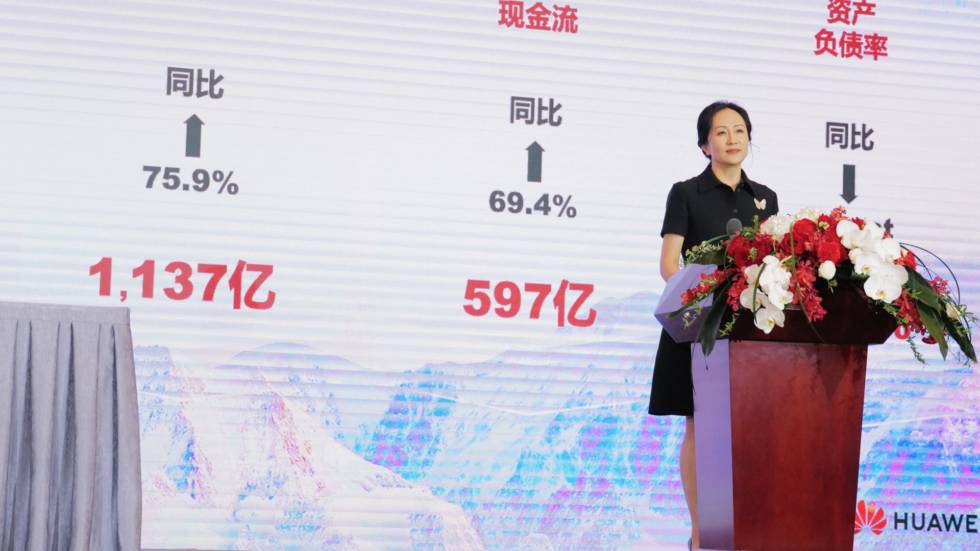 Photo of Meng Wanzhou speaking from a podium on a stage