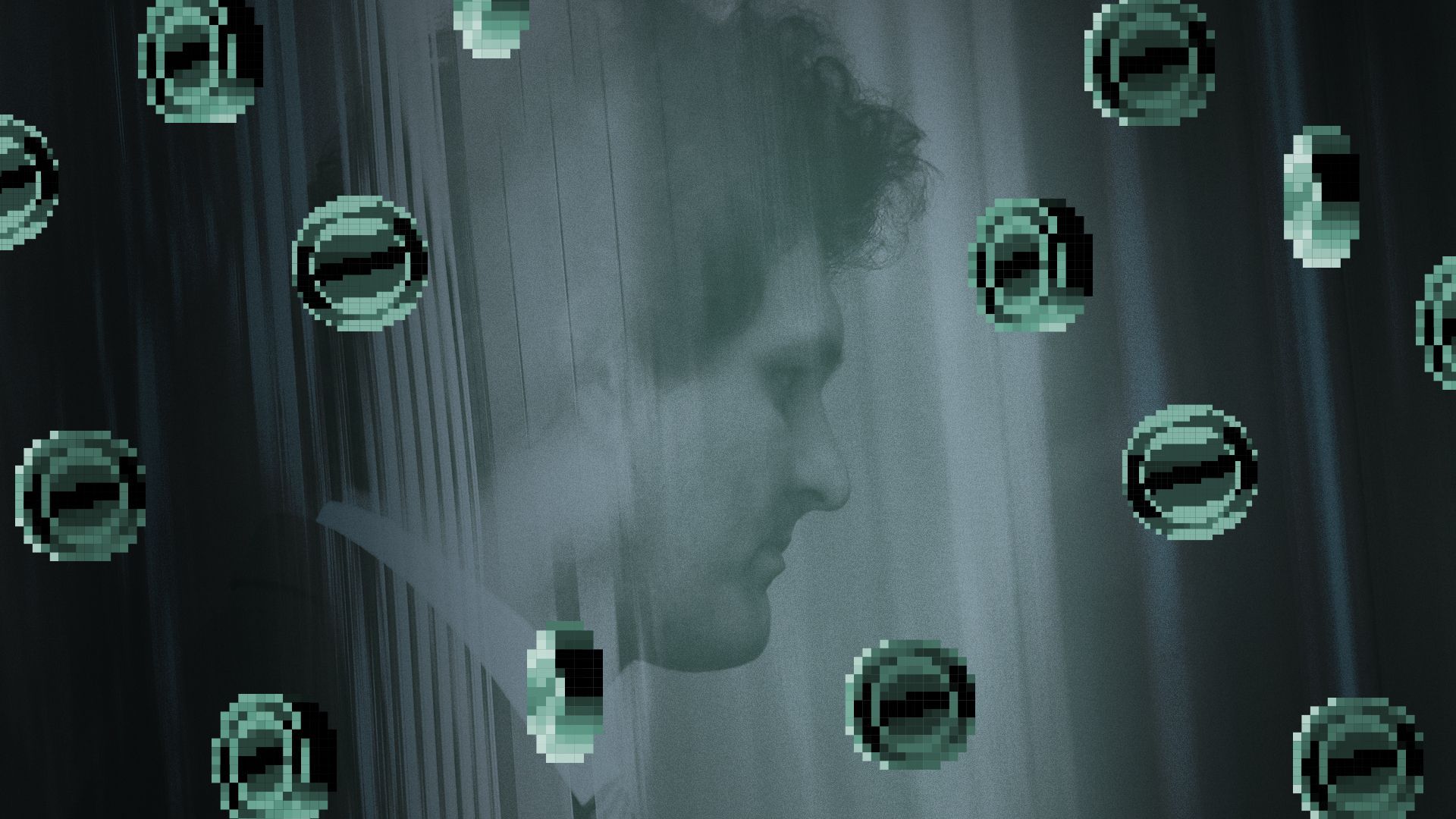 Photo illustration of Sam Bankman-Fried behind a wall of falling pixelated coins colored dark green