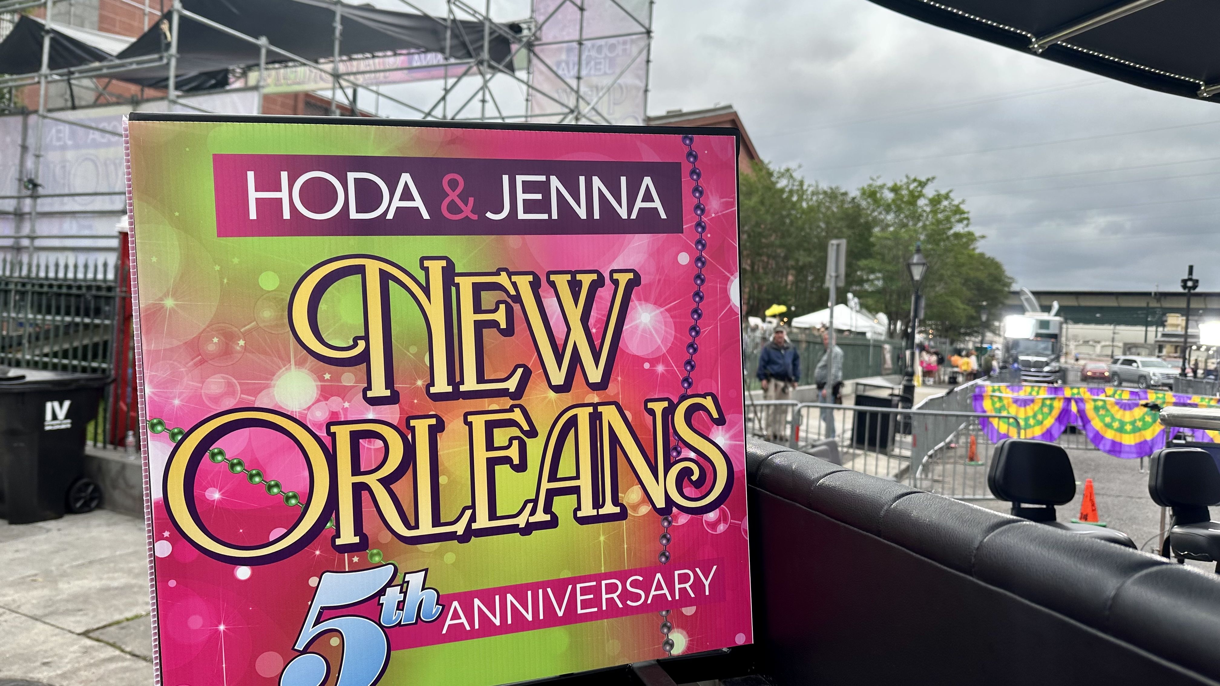 Photo shows a sign that says "Hoda & Jenna New Orleans 5th anniversary"
