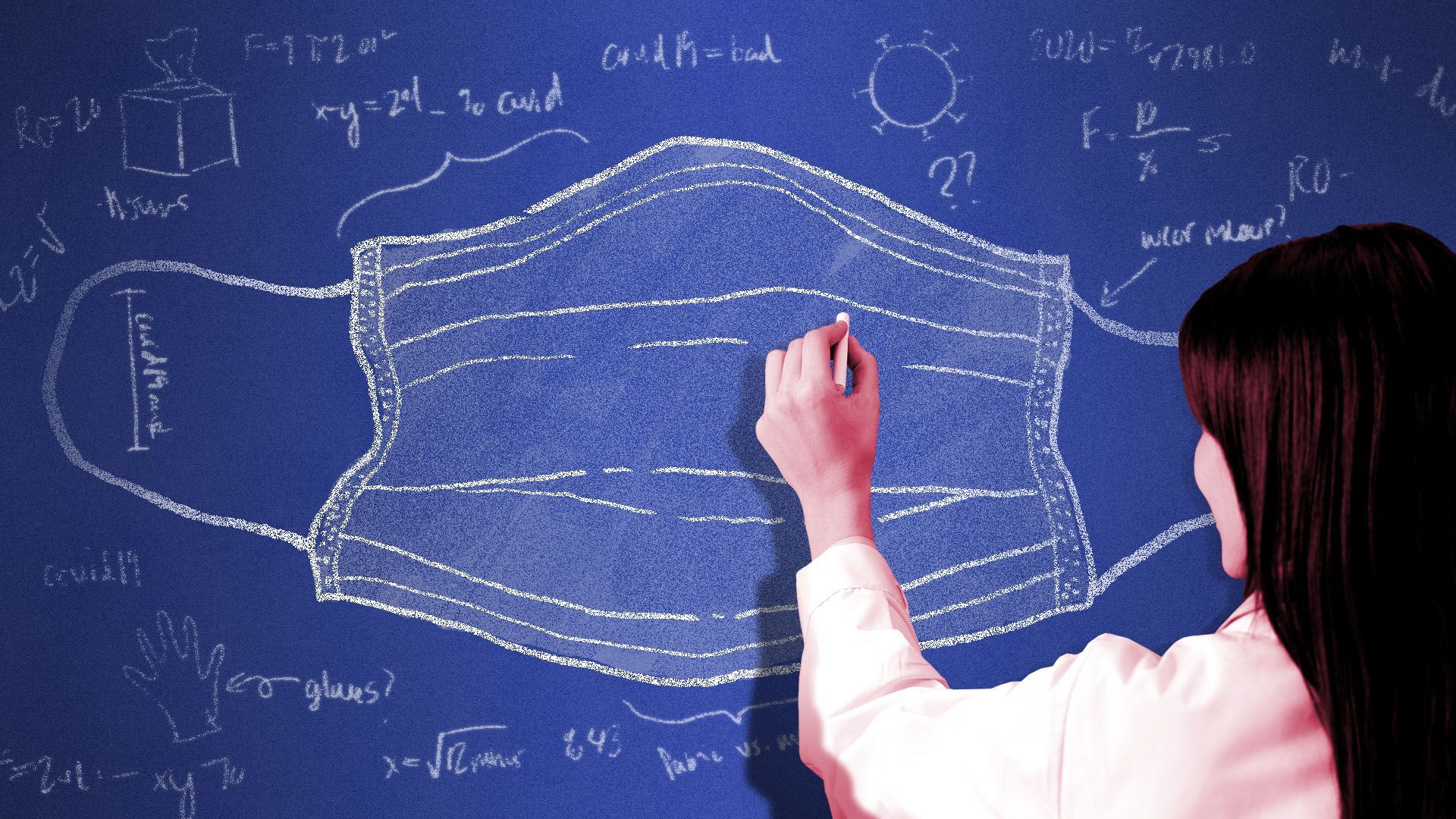 Illustration of a scientist at a chalkboard drawing a mask surrounded by equations 