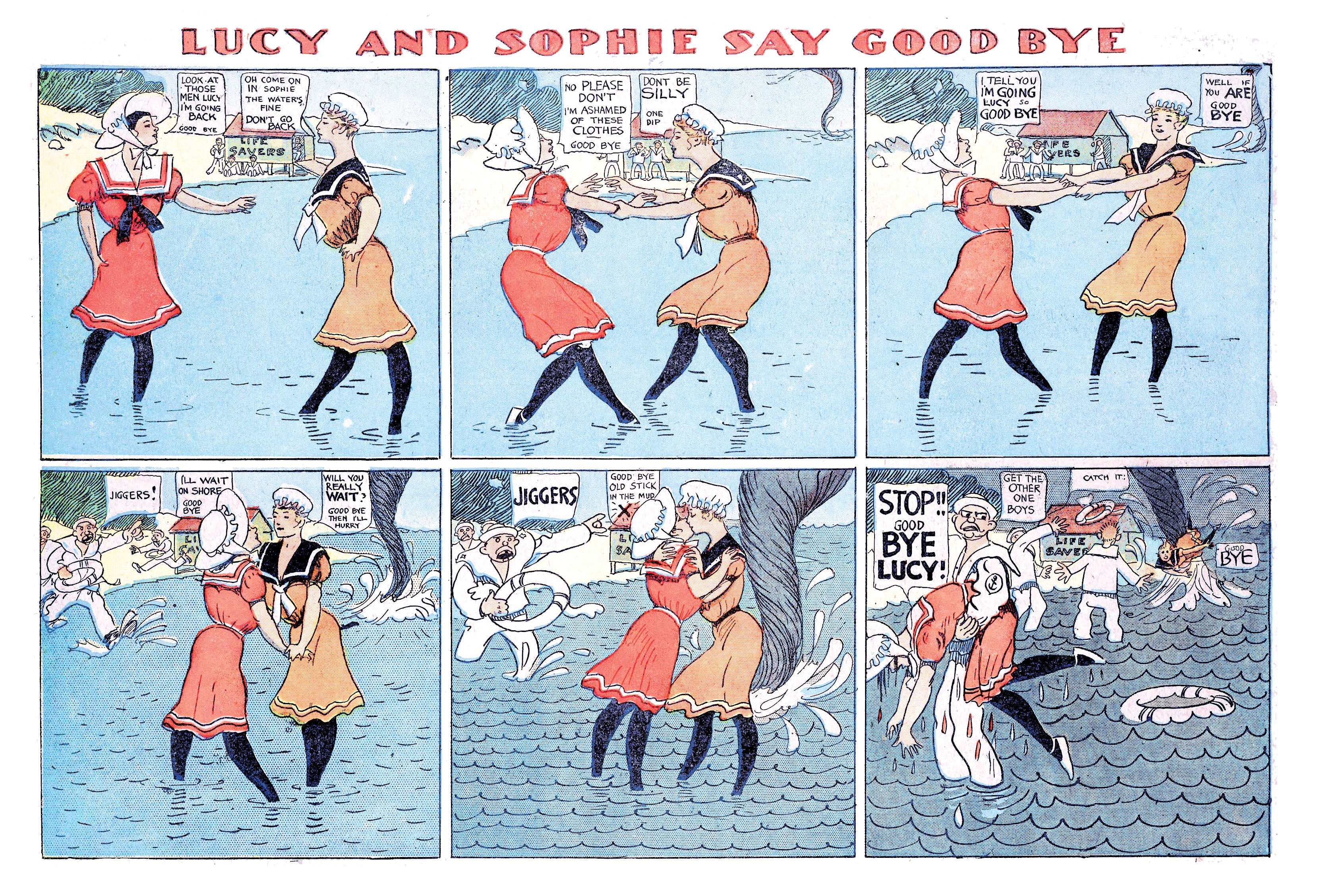 Edwardian women on the beach in cartoon form. 