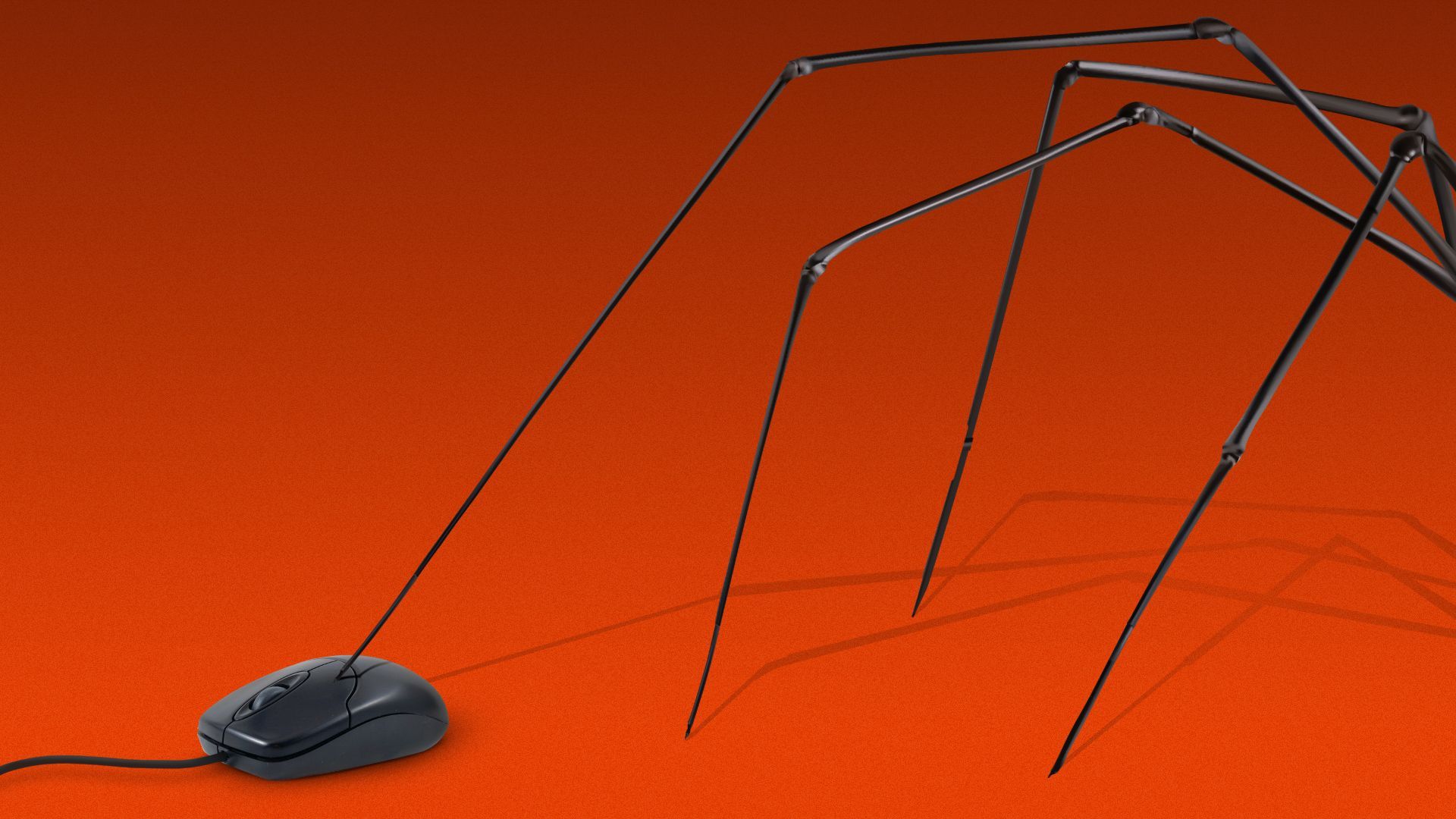 Illustration of a long giant spider leg reaching out to use a small computer mouse on a red background. 
