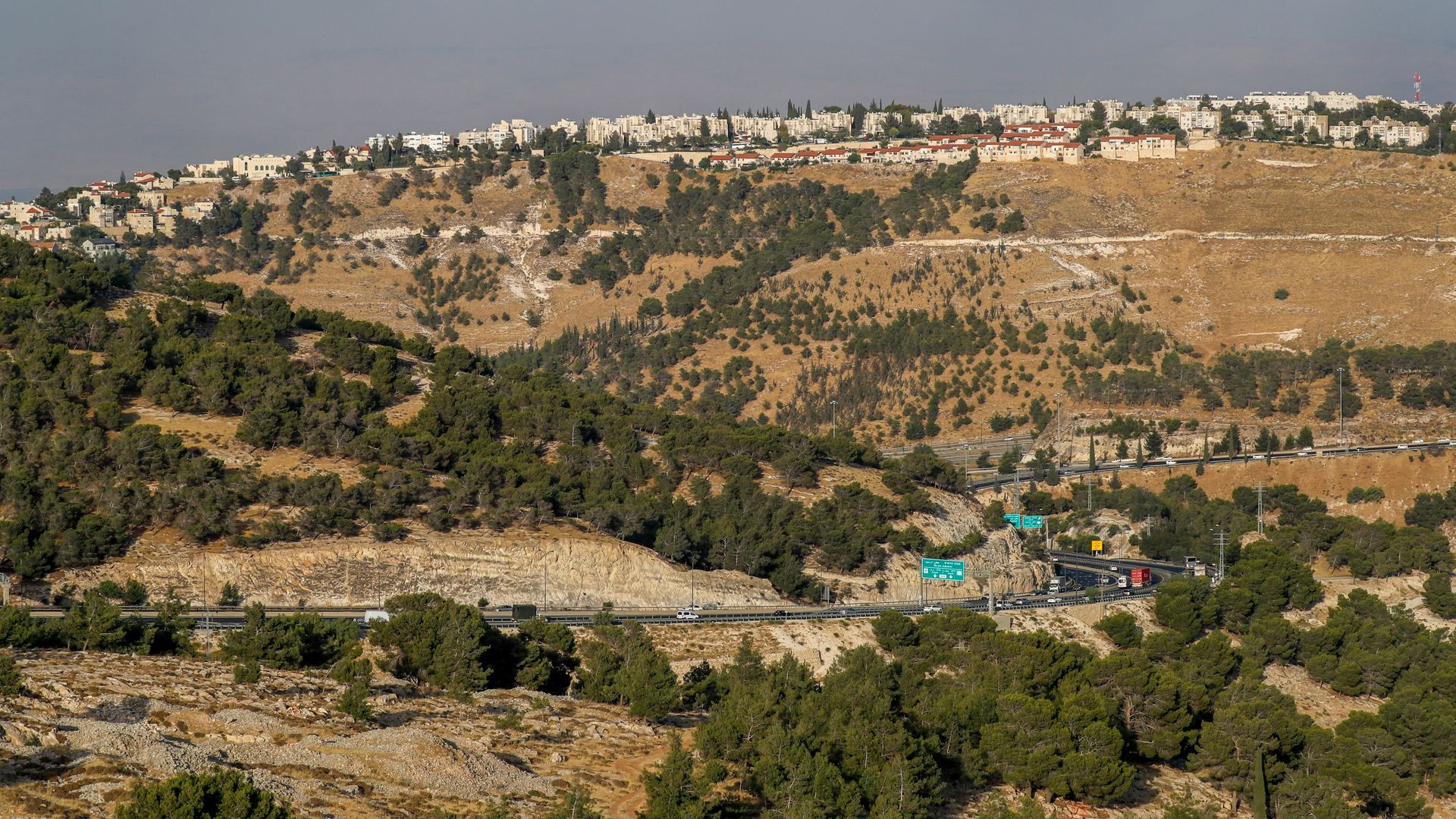 A picture taken from the E1 corridor, a super-sensitive area of the occupied West Bank, shows Israeli settlement of Maale Adumim i