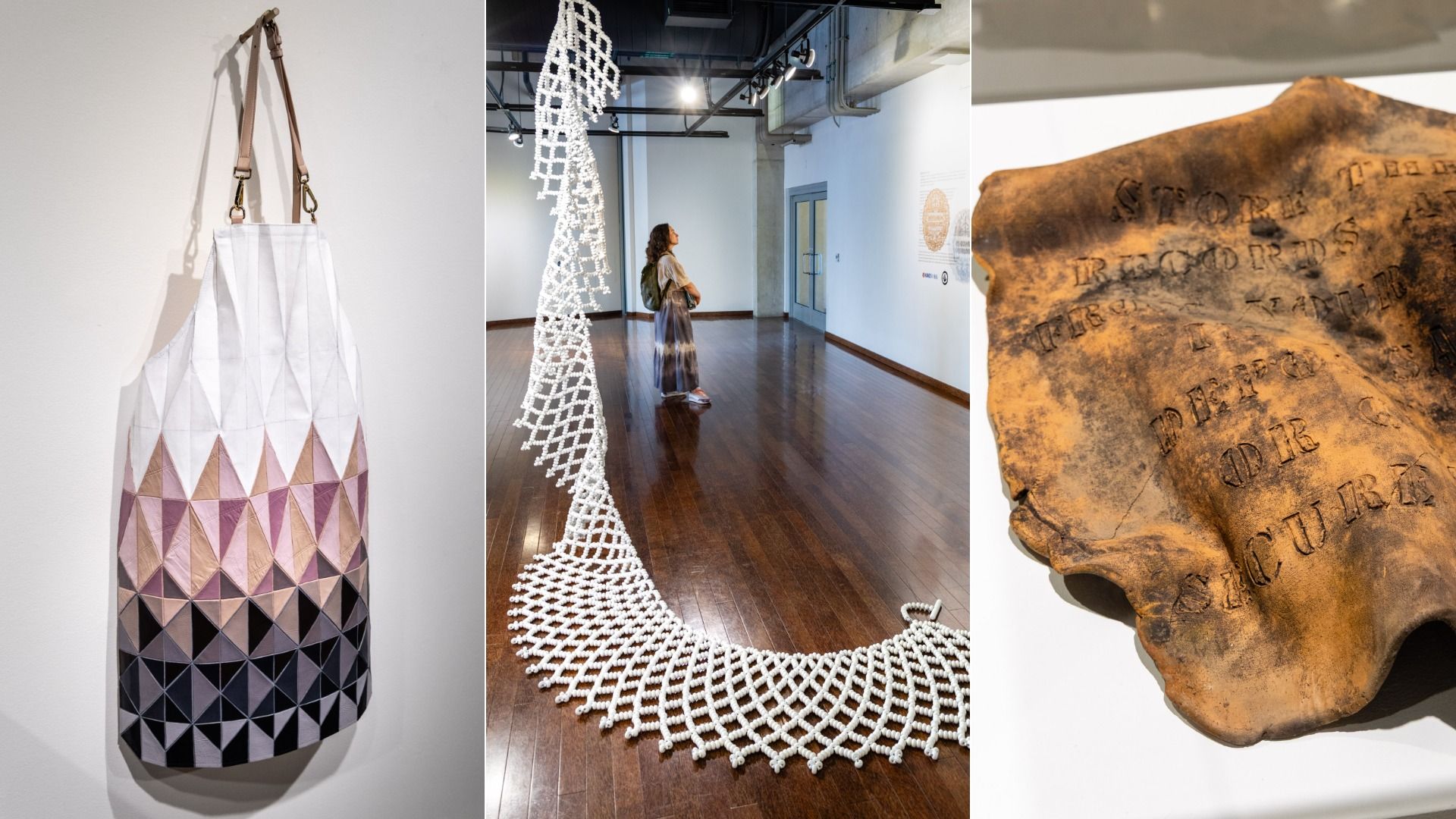 Gallery triptych: left shows a white tote with pink triangles; center a woman with backpack looks at a tall white crochet sculpture; right a close-up of a weathered inscribed stone.
