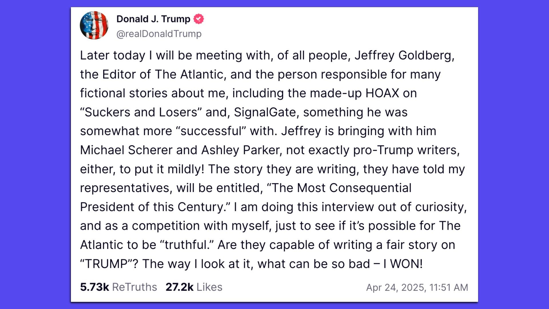 A screen shot of Trump's post on Truth Social