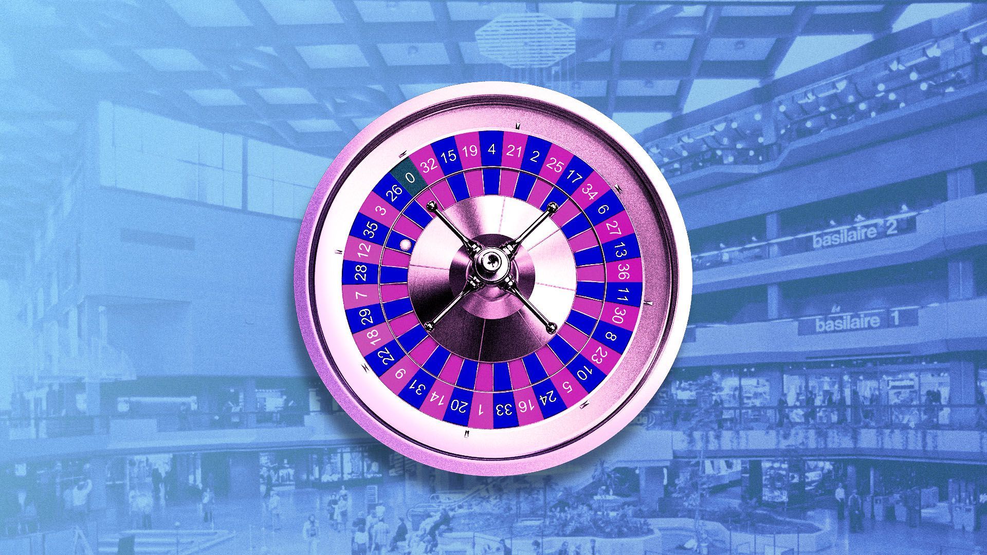 Illustration of a roulette wheel over an image of a mall