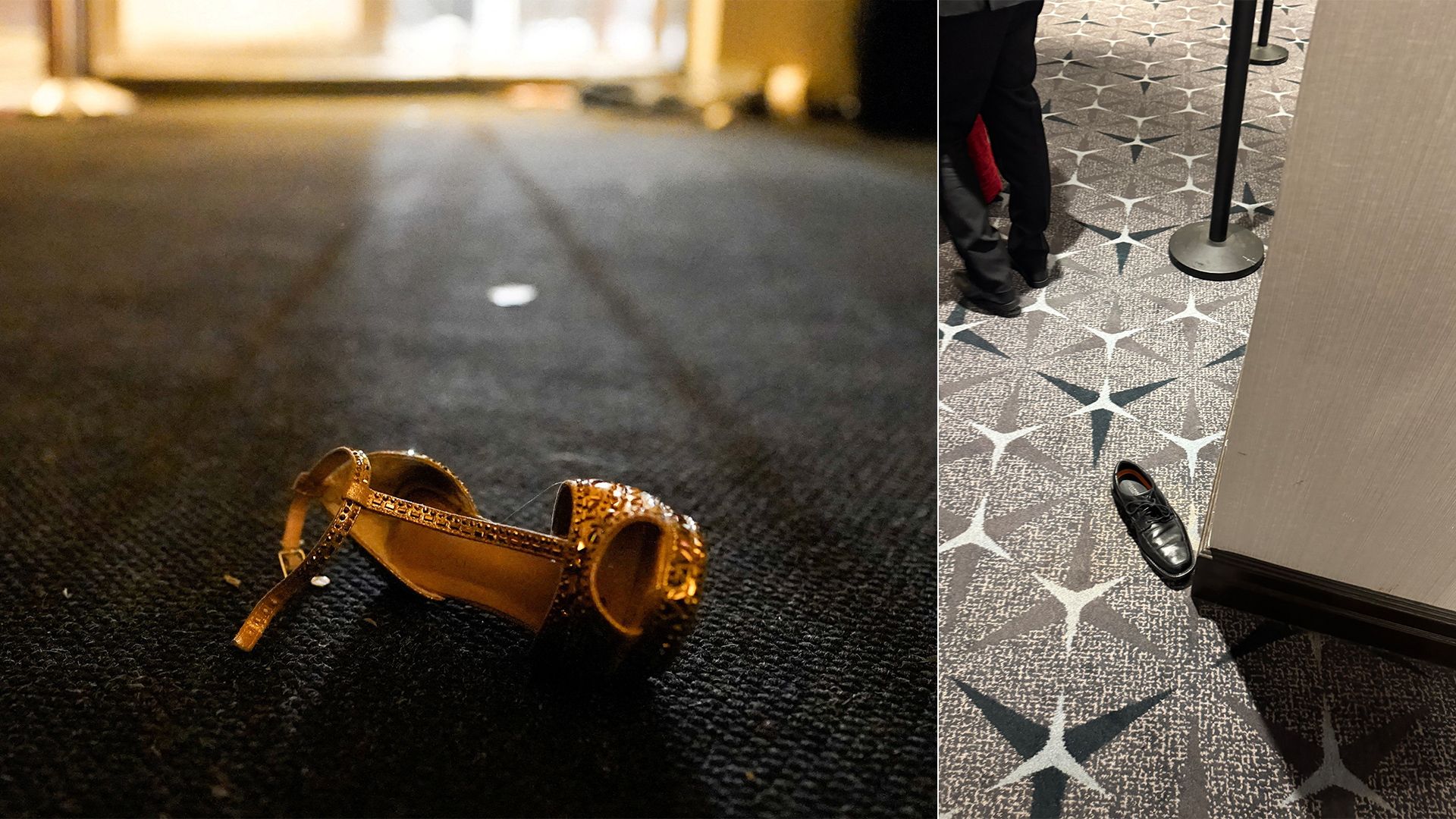 Shoes left behind amid Saturday night's shooting at the White House Correspondents' Association dinner. Photos: Elizabeth Frantz/Reuters (L); Tammy Haddad (R)