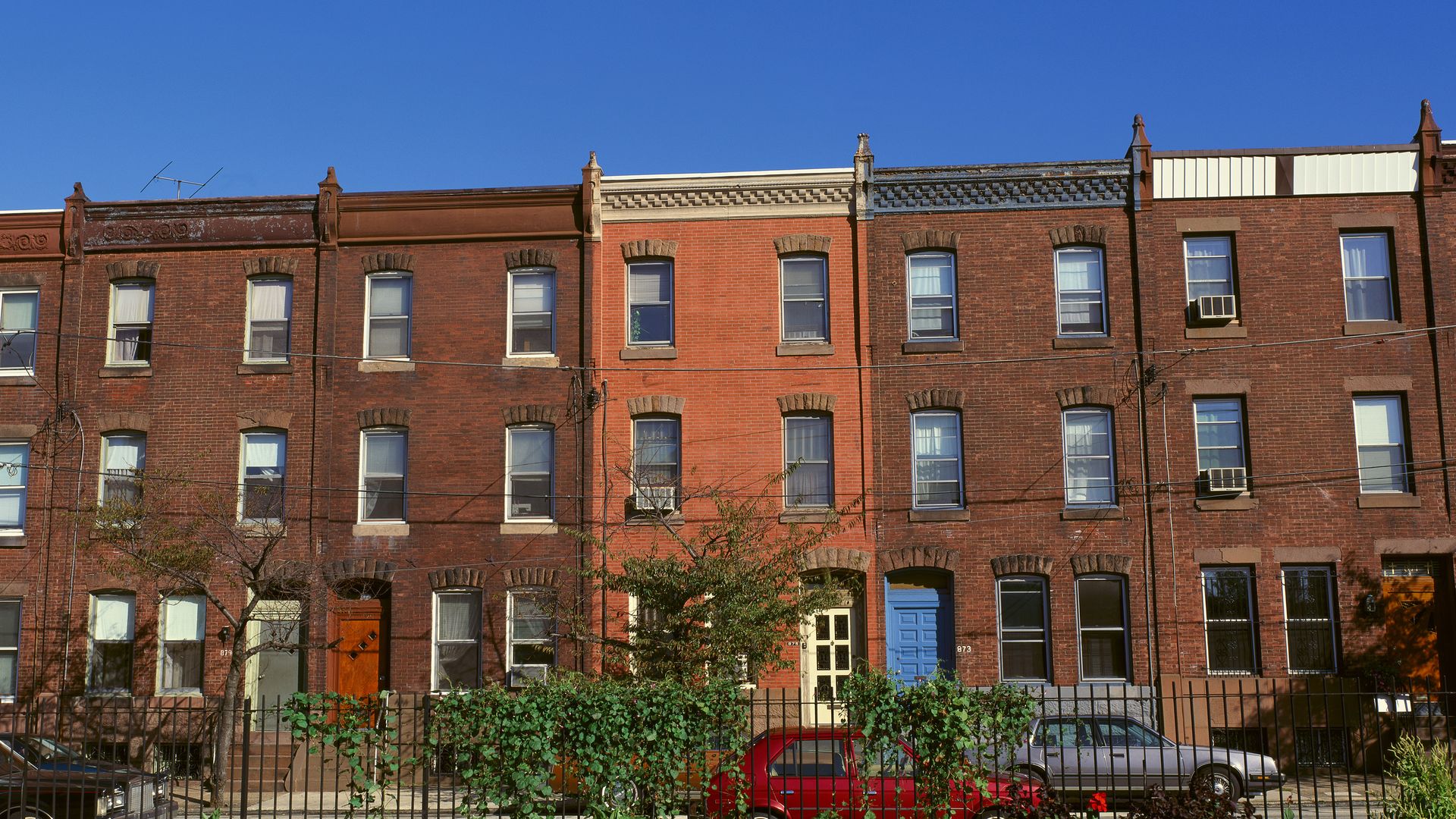 A view of red brick row houses of Philadelphia.