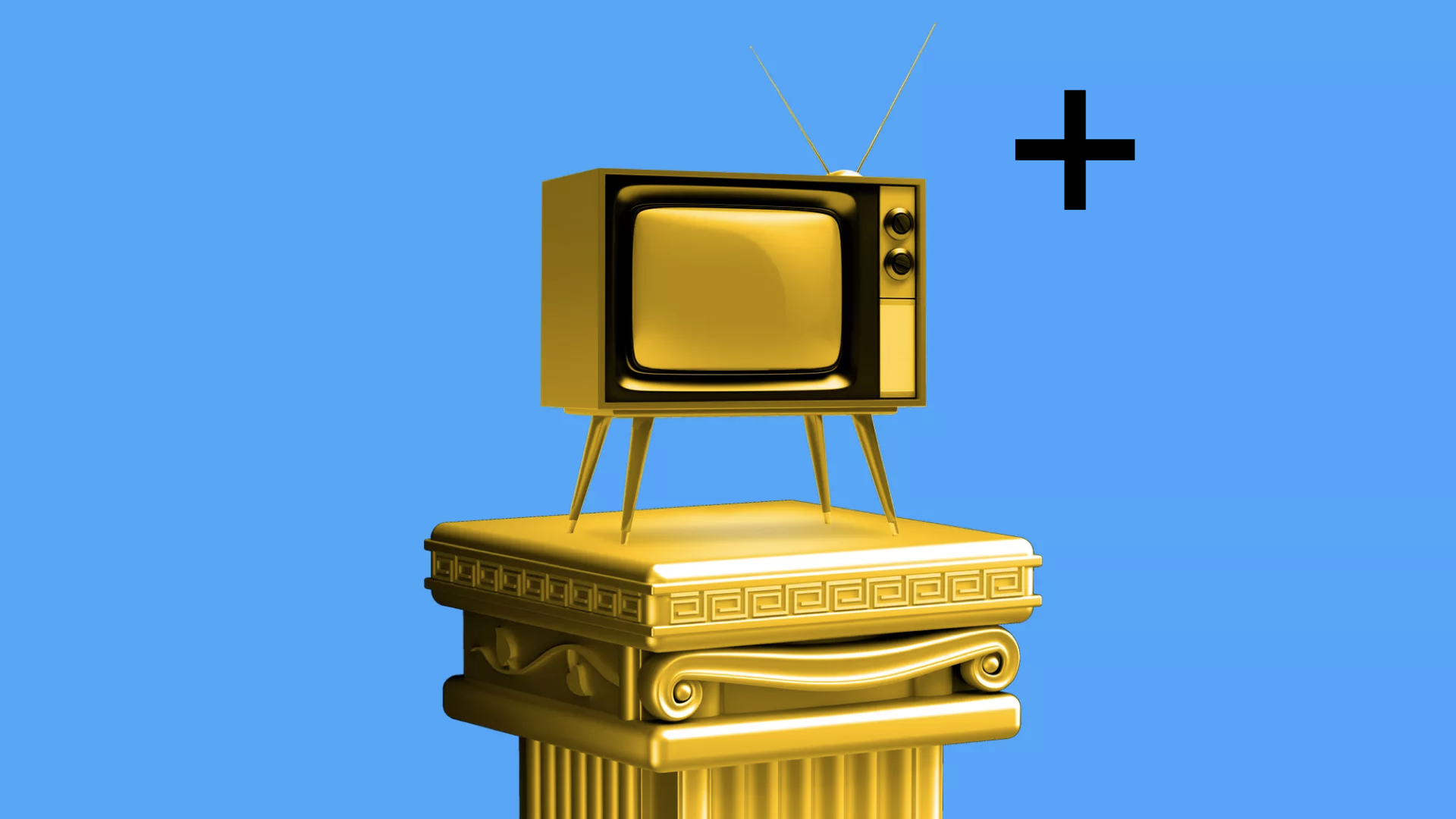 Illustration of a vintage television and a large plus sign on top of a pedestal.