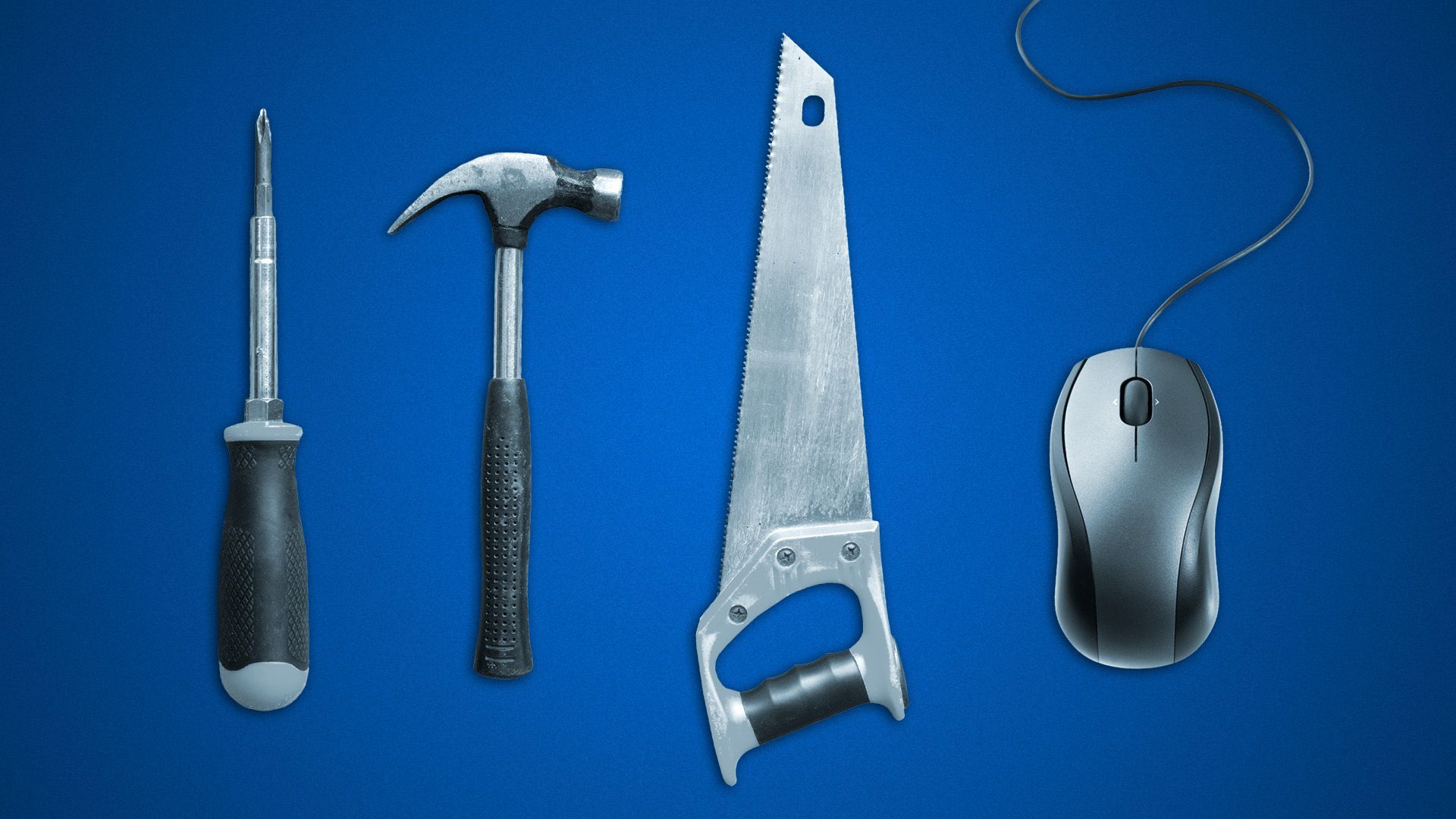 Illustration of a screwdriver, hammer, saw, and computer mouse. 