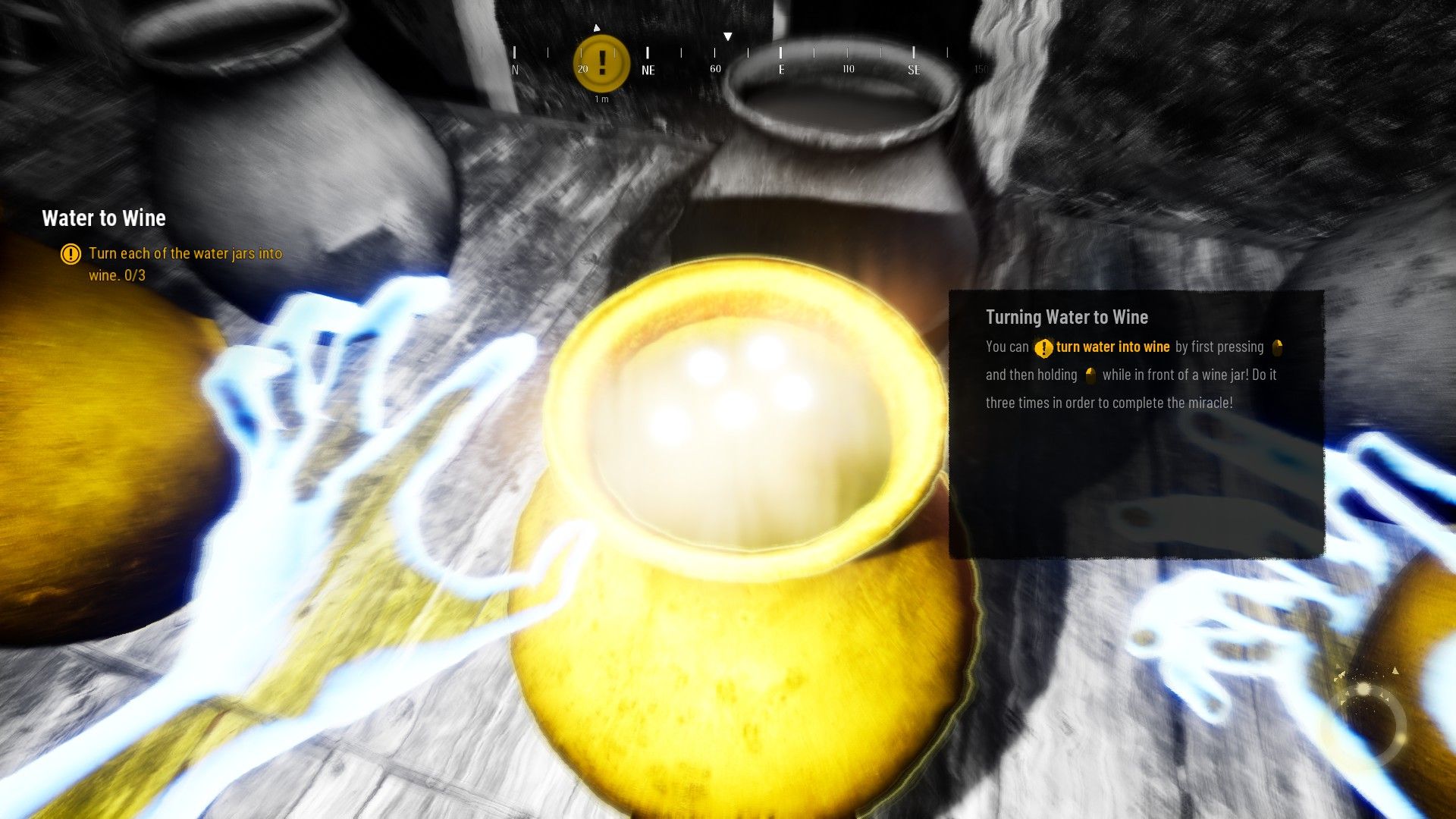 Video game screenshot showing a man's hands over a jar of water. The player is being prompted to press a button to turn it into wine