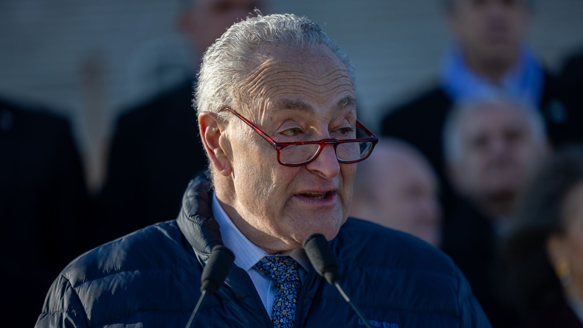 Senate Minority Leader Chuck Schumer (D-NY) speaks at a press conference with other Democratic Senators on priorities for the 119th Congress in Washington, DC on January 9, 2025.