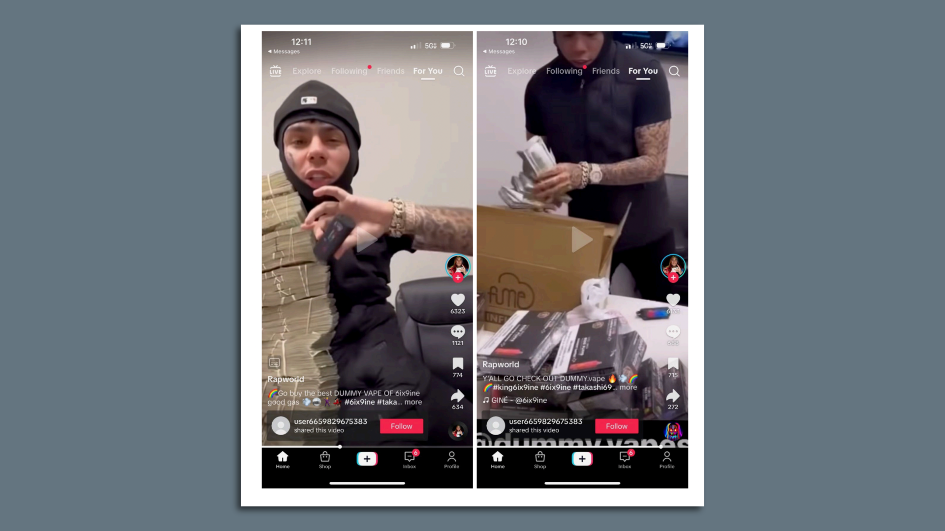 Screenshots show a man in a black balaclava counting stacks of dollar bills from a cardboard box marked "Fume." 
