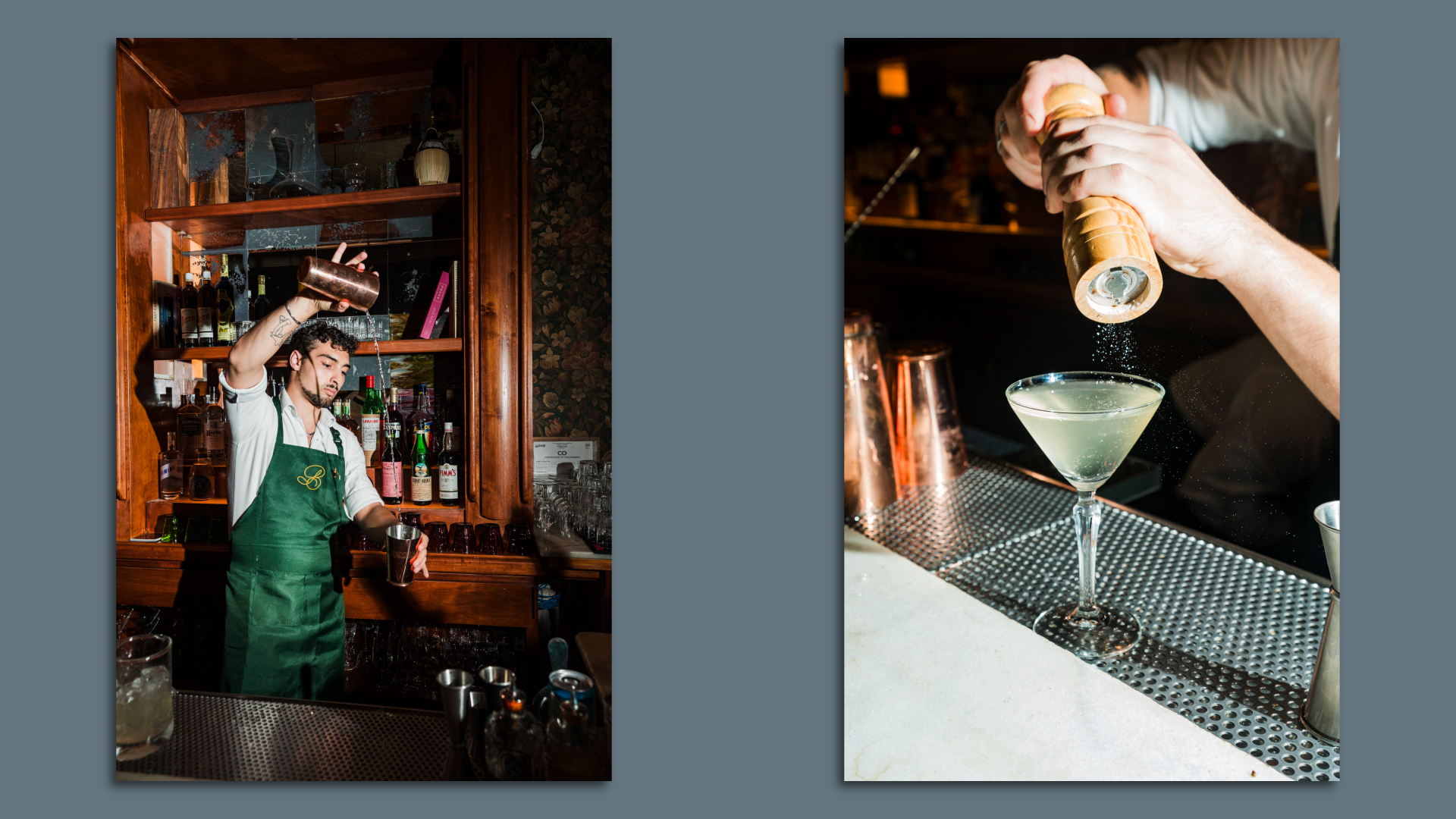 A bartender in a green apron pours a cocktail (left) and cocktail is seasoned