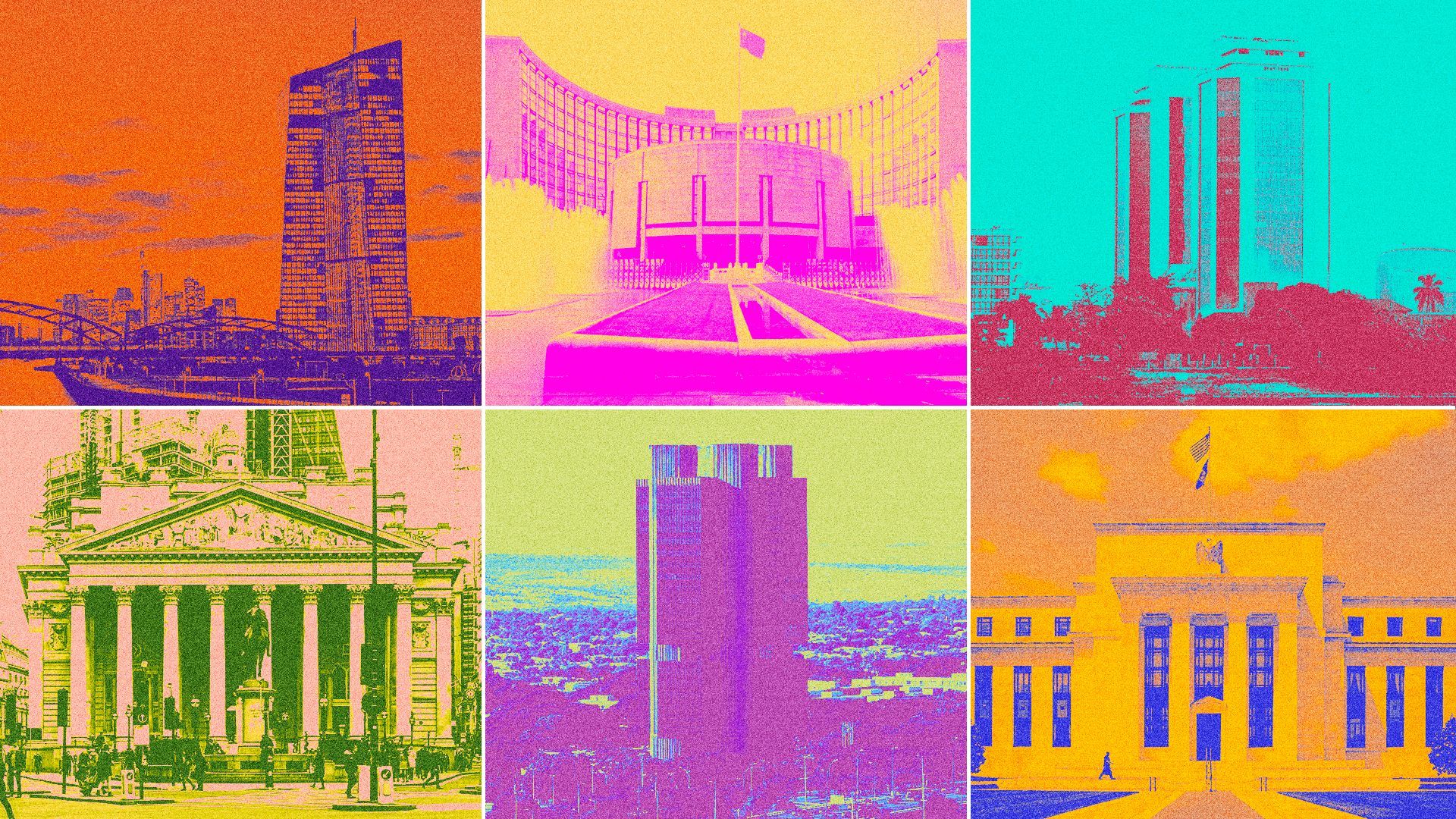 Illustration of six central banks in funky colors: European Central Bank, People's Bank of China, Bank of Tanzania, Bank of England, Bank of Brazil and US Federal Reserve.