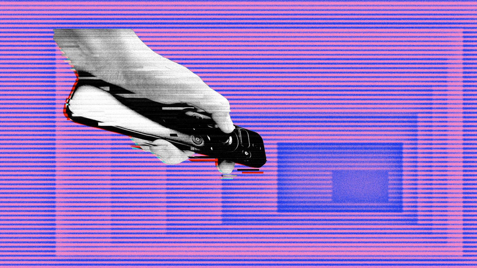 Illustration of a glitching hand holding a remote control, framed by and pointing it at a series of shrinking rectangular screen shapes with a screen line pattern.