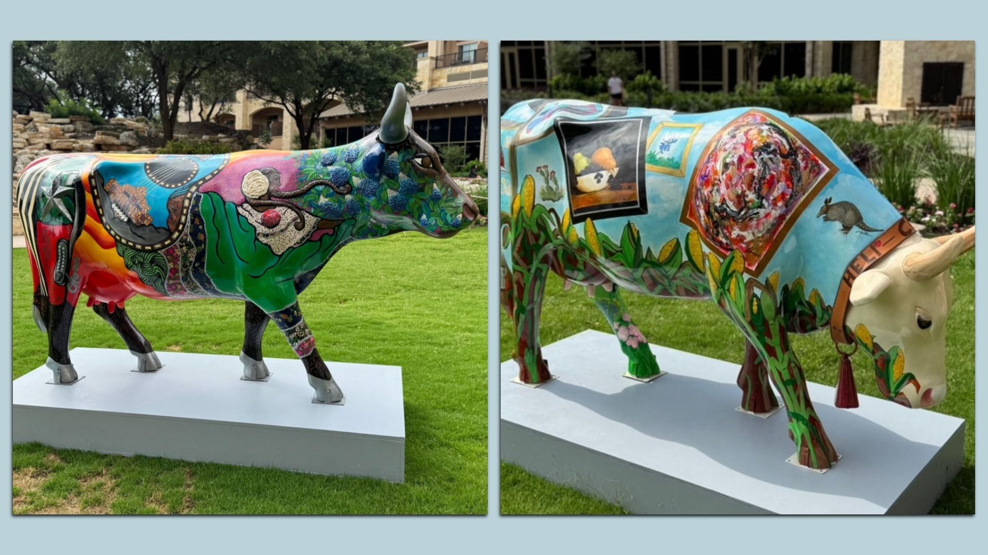 Cow sculptures are painted with vibrant designs.