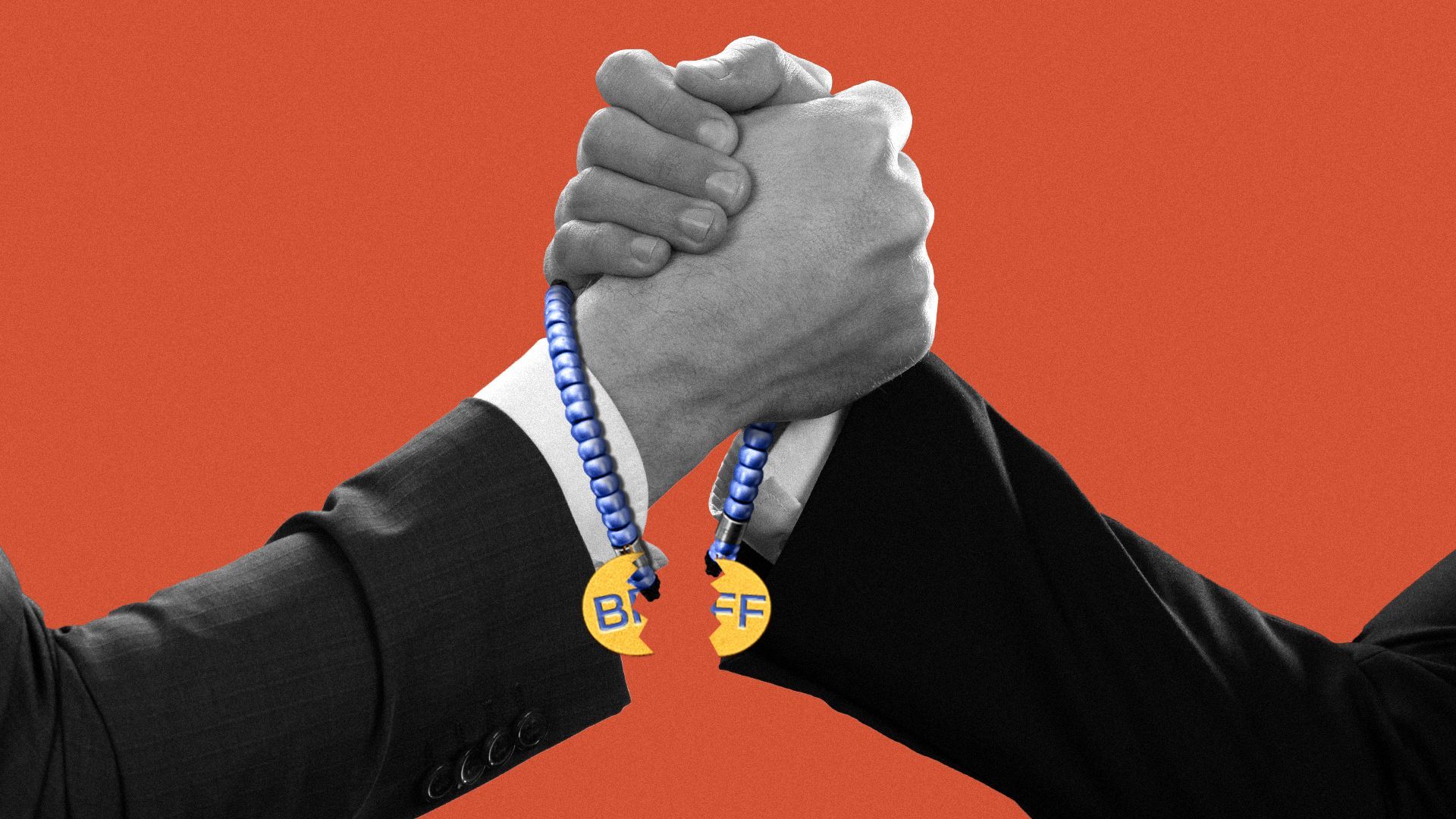 Illustration of two men in business suits arm-wrestling while wearing friendship bracelets.