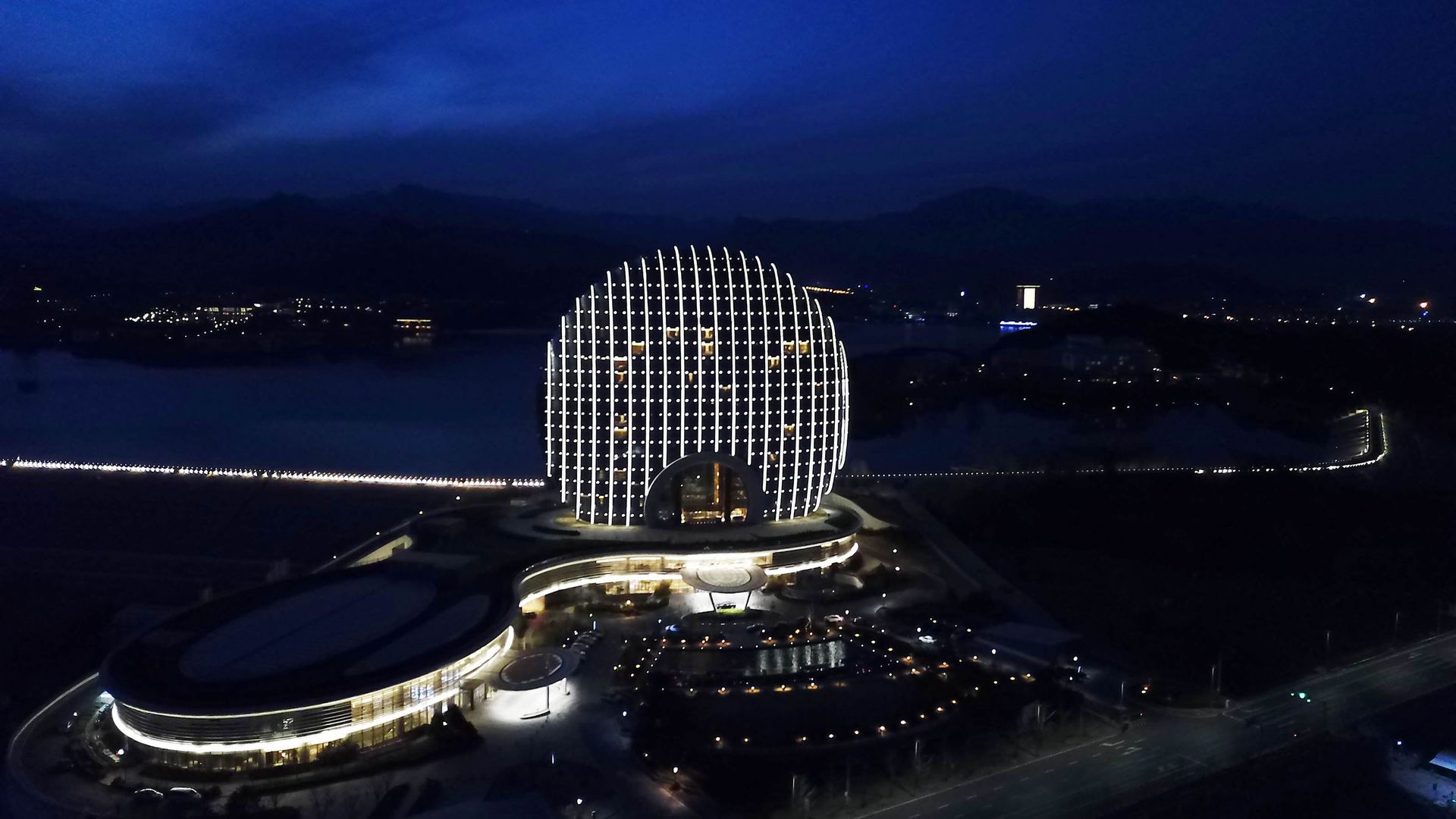 nighttime view of Belt and Road Forum venue in Beijing