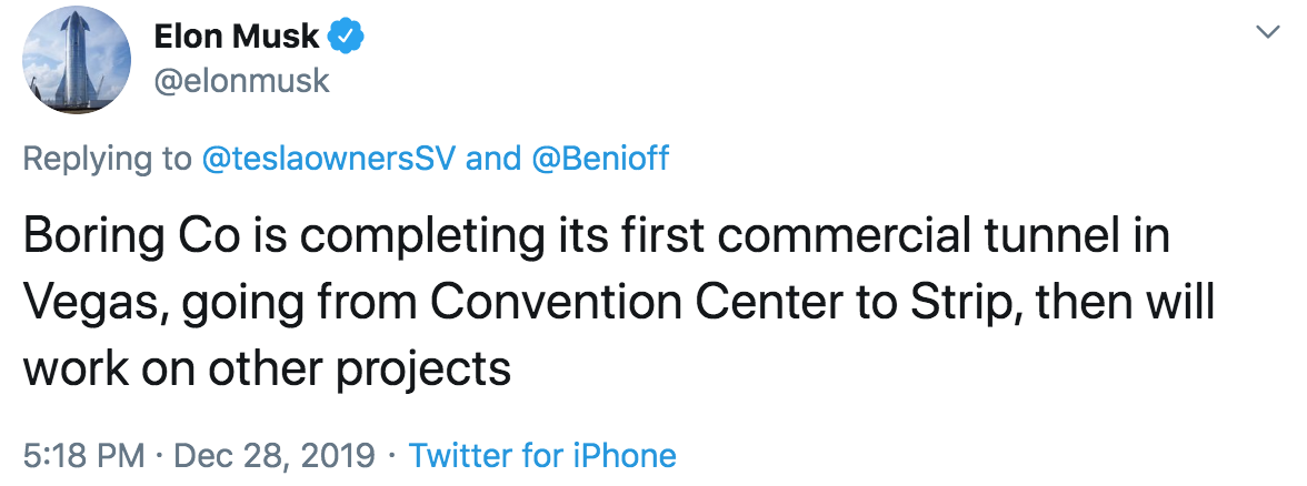Tweet by Elon Musk on his plans for a Boring Co. tunnel in Las Vegas to be operational by 2020