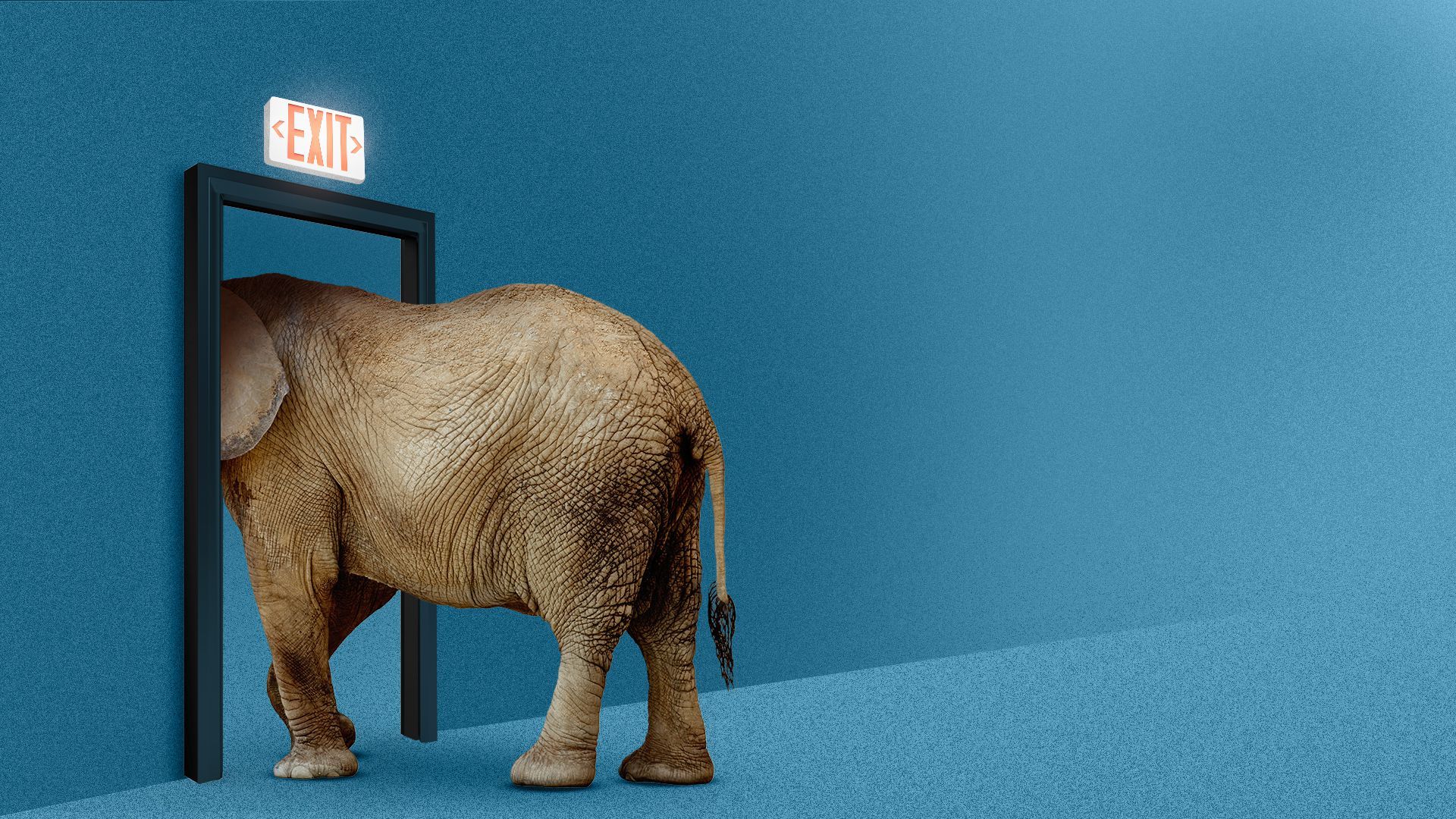 Illustration of an elephant walking through an exit door. 