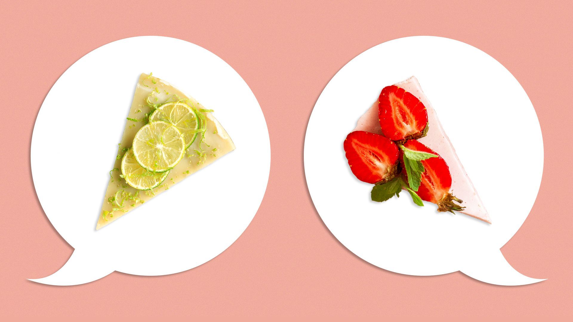 Illustration of two speech bubbles. One with key lime pie in the bubble, the other with strawberry short cake in the bubble.