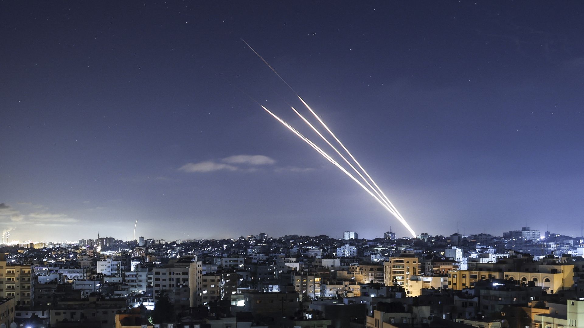 Rockets are launched towards Israel from Gaza City, controlled by the Palestinian Hamas movement, on May 18, 2021