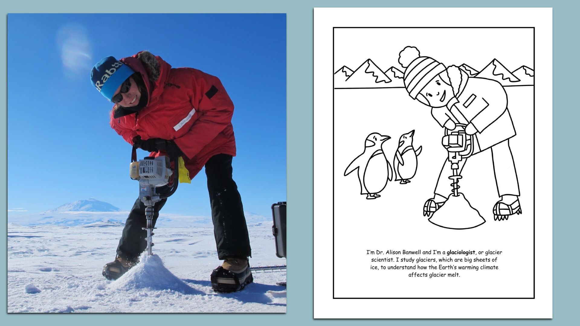 Photo of a person in a red jacket and blue hat drilling into snow with mountains in background. Next to it, a cartoon scientist drills snow while two penguins watch, with text explaining glaciology.