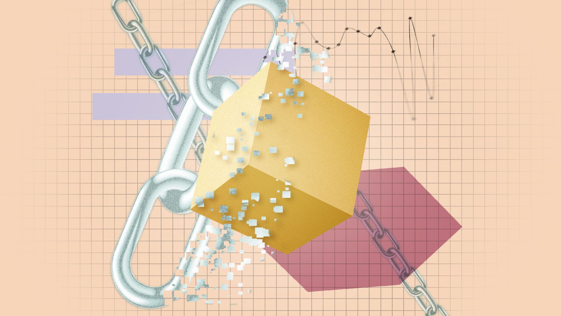 Illustration of a large glowing cube, three chains with one pixelated, assorted shapes, and a graph over a grid.
