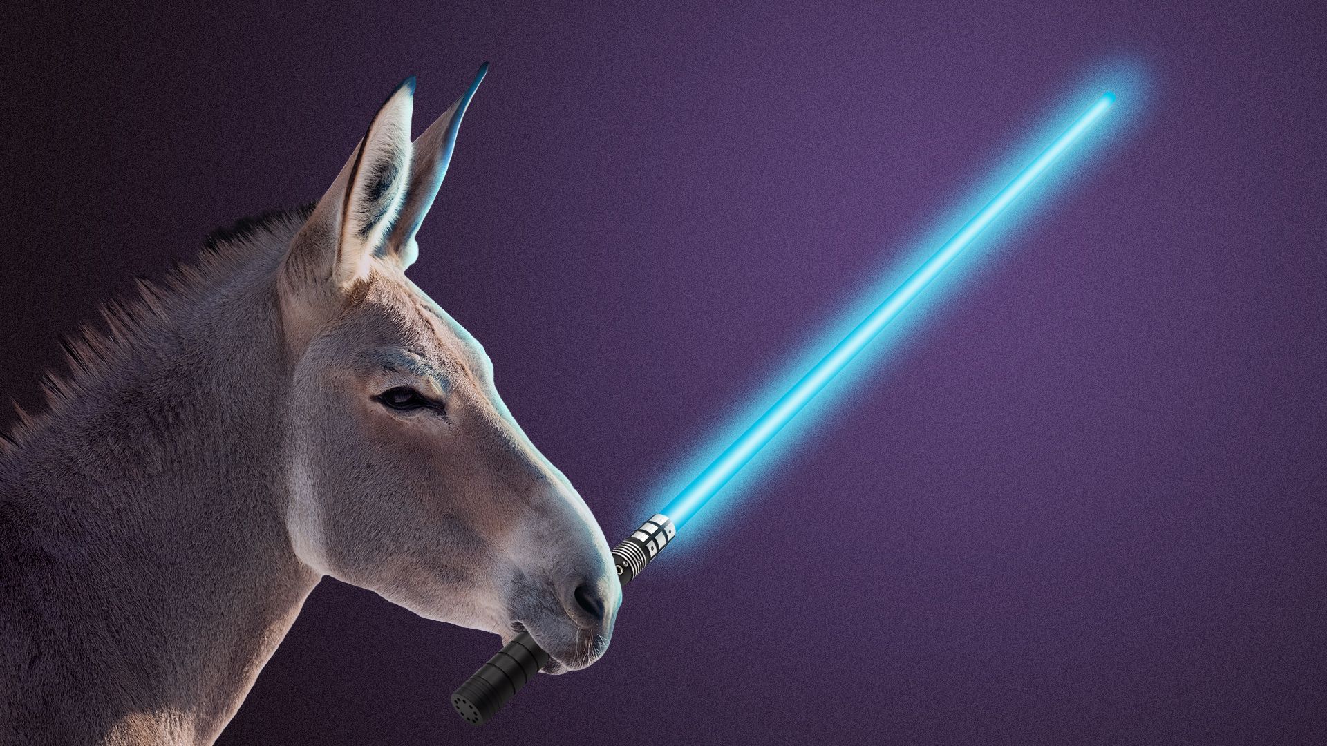 Illustration of a donkey holding a glowing light saber in its mouth.