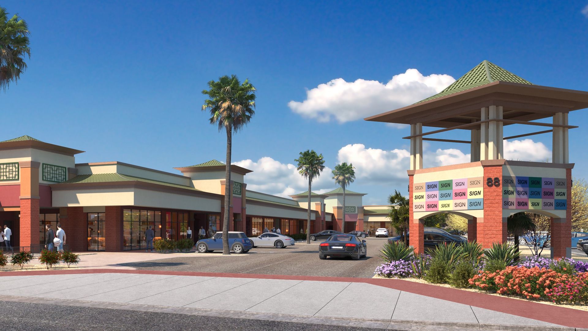 A rendering of a strip mall.