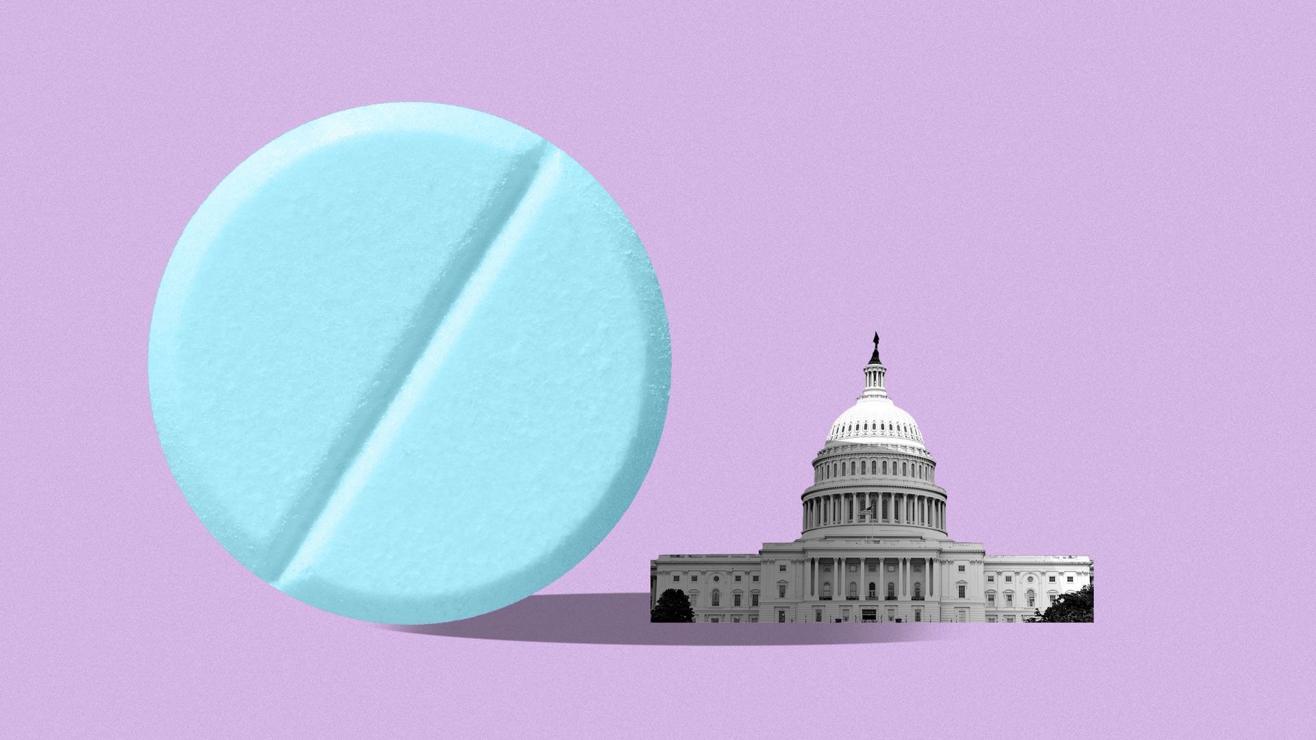 Illustration of a giant pill casting a shadow over congress. 