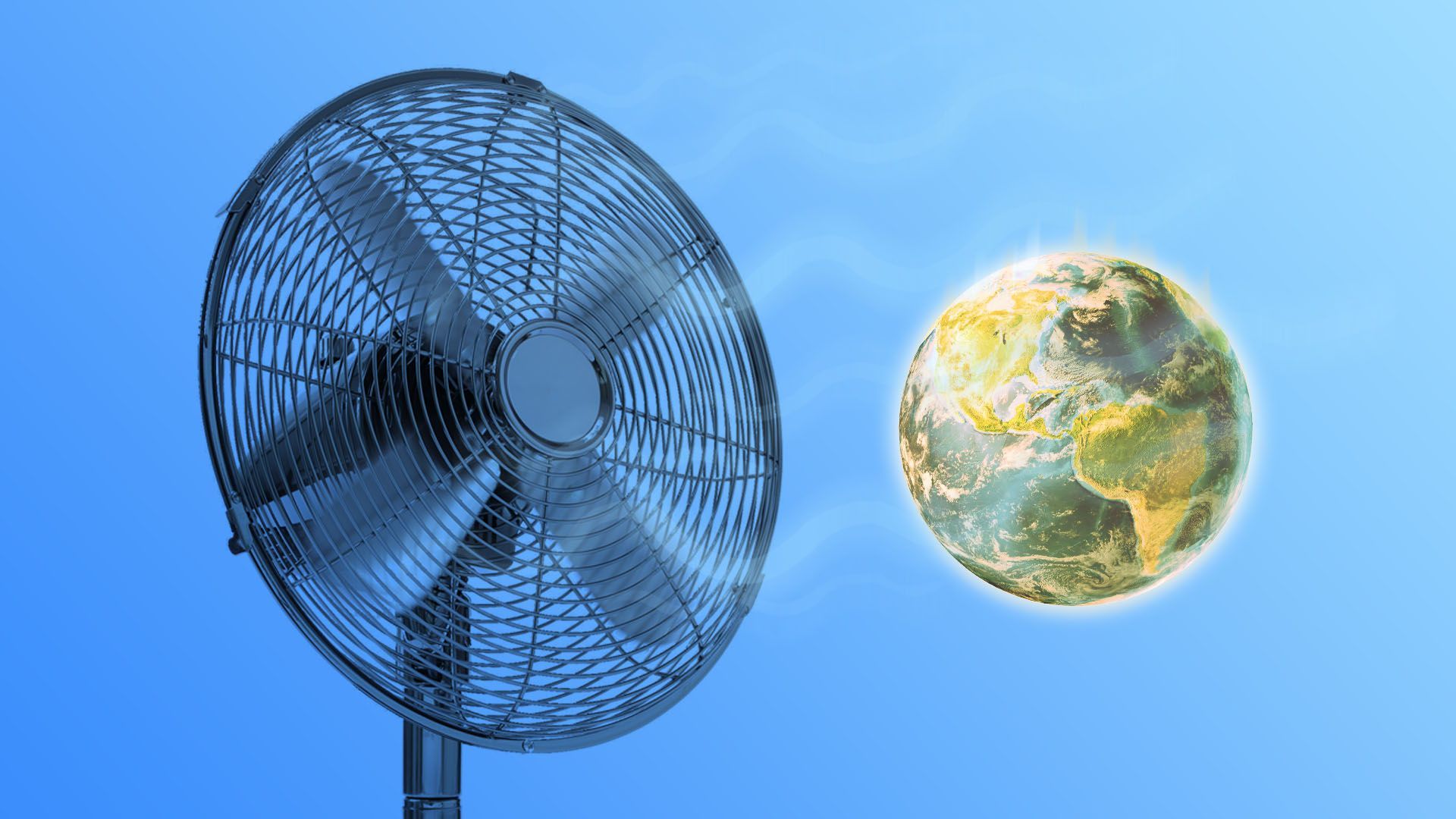 Illustration of a fan blowing on Earth to cool it down.