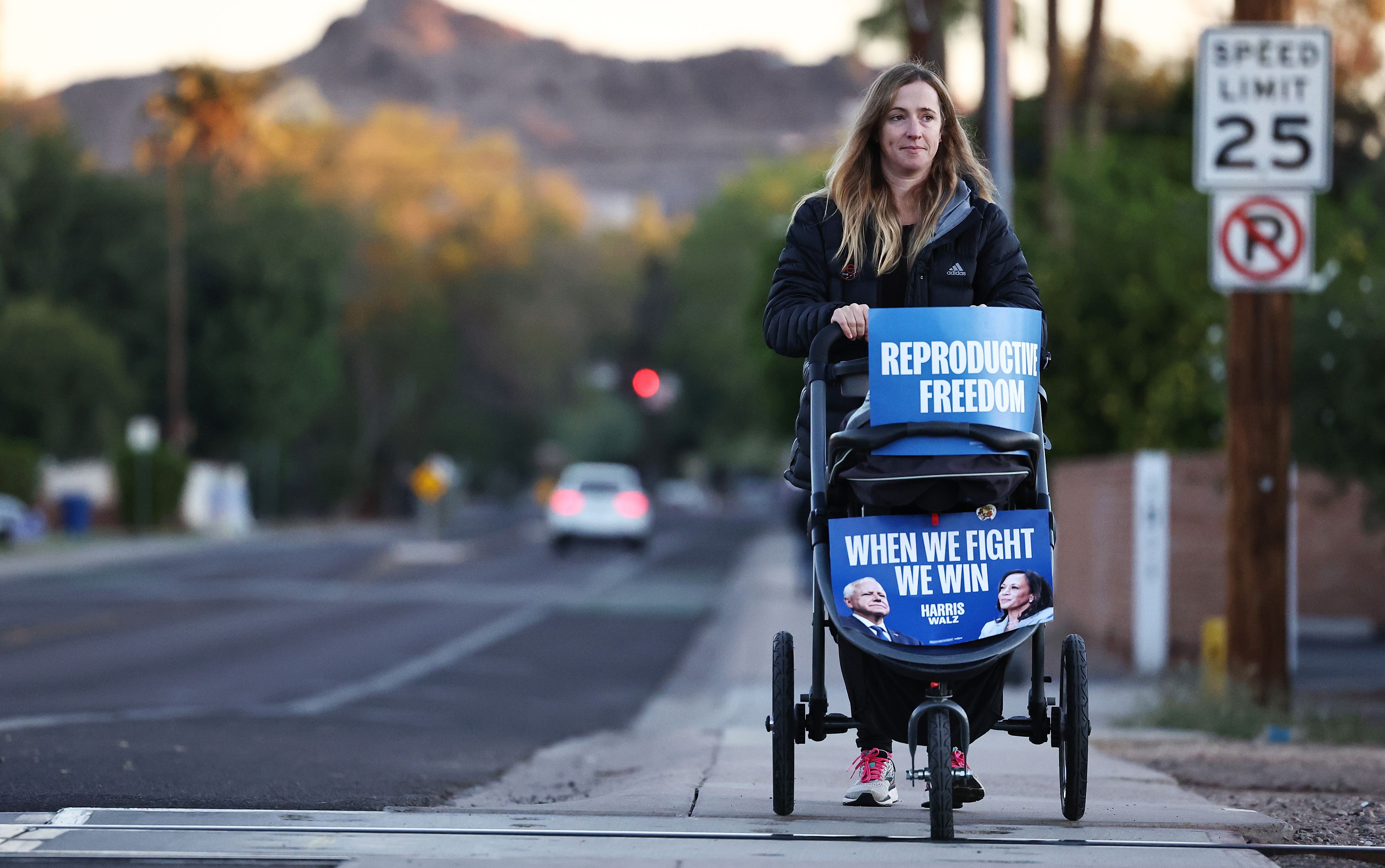 A woman pushing a baby stroller that has a sign which reads "reproductive freedom".