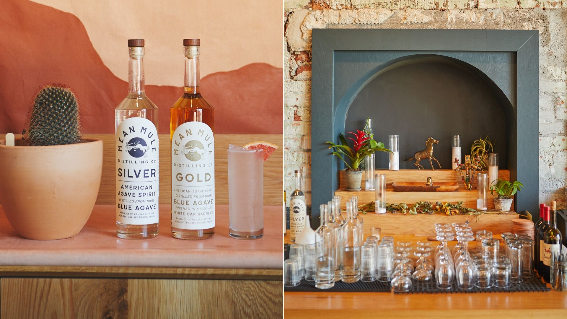 Two-panel rustic bar: left shows a potted cactus and Mean Mule bottles labeled "Silver" and "Gold" with a pink drink; right shows a wooden bar with glassware, plants, a horse figurine, and a blue arched niche.
