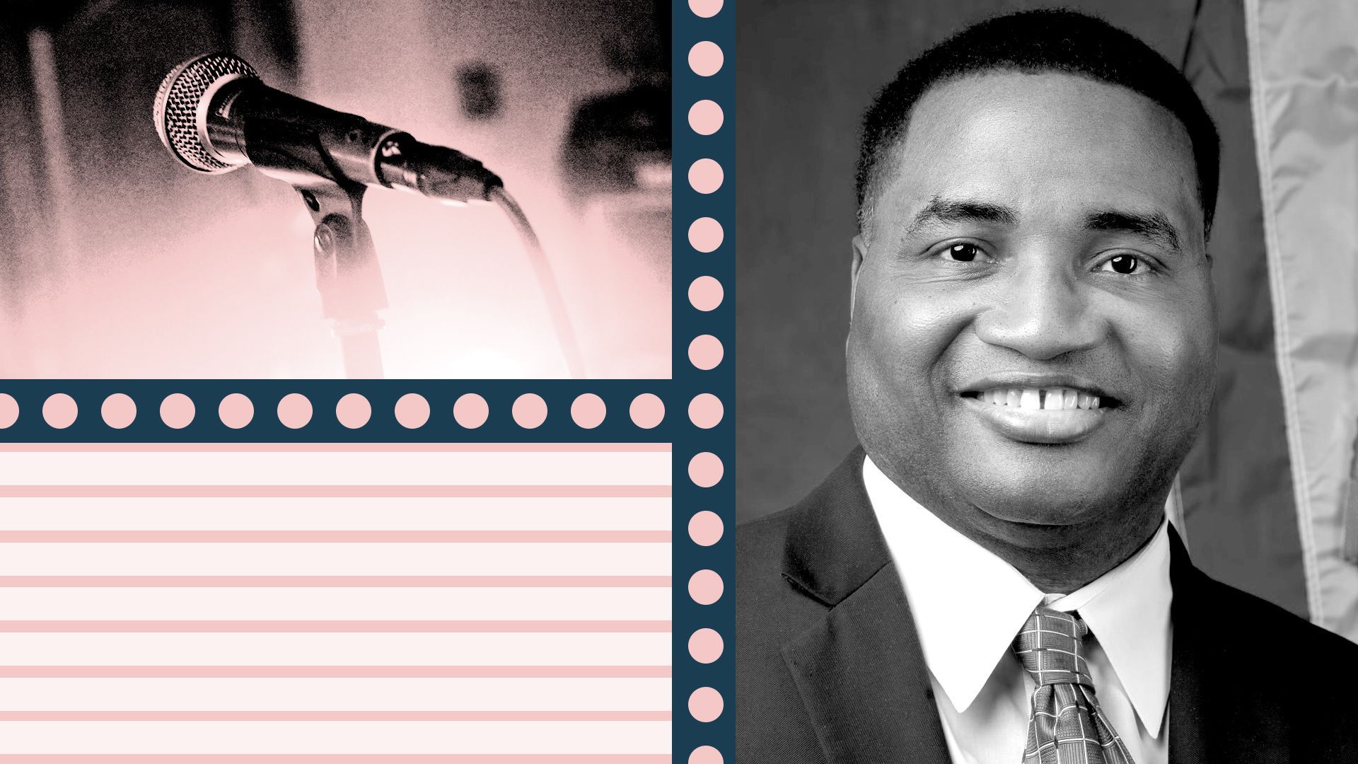 Photo illustration of a collage featuring Wayne County Commissioner Jonathan Kinloch and a microphone.