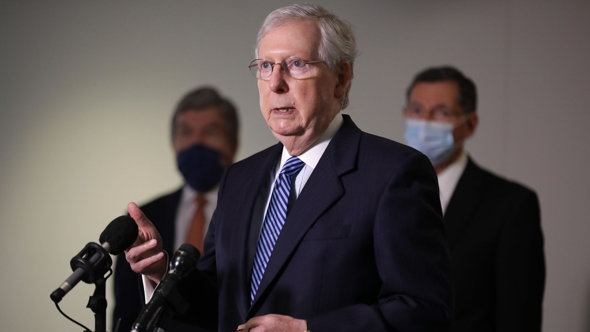 Senate Majority Leader Mitch McConnell (R-KY) talks to reporters following the weekly Republican policy luncheon in the Hart Senate Office Building on Capitol Hill September 15