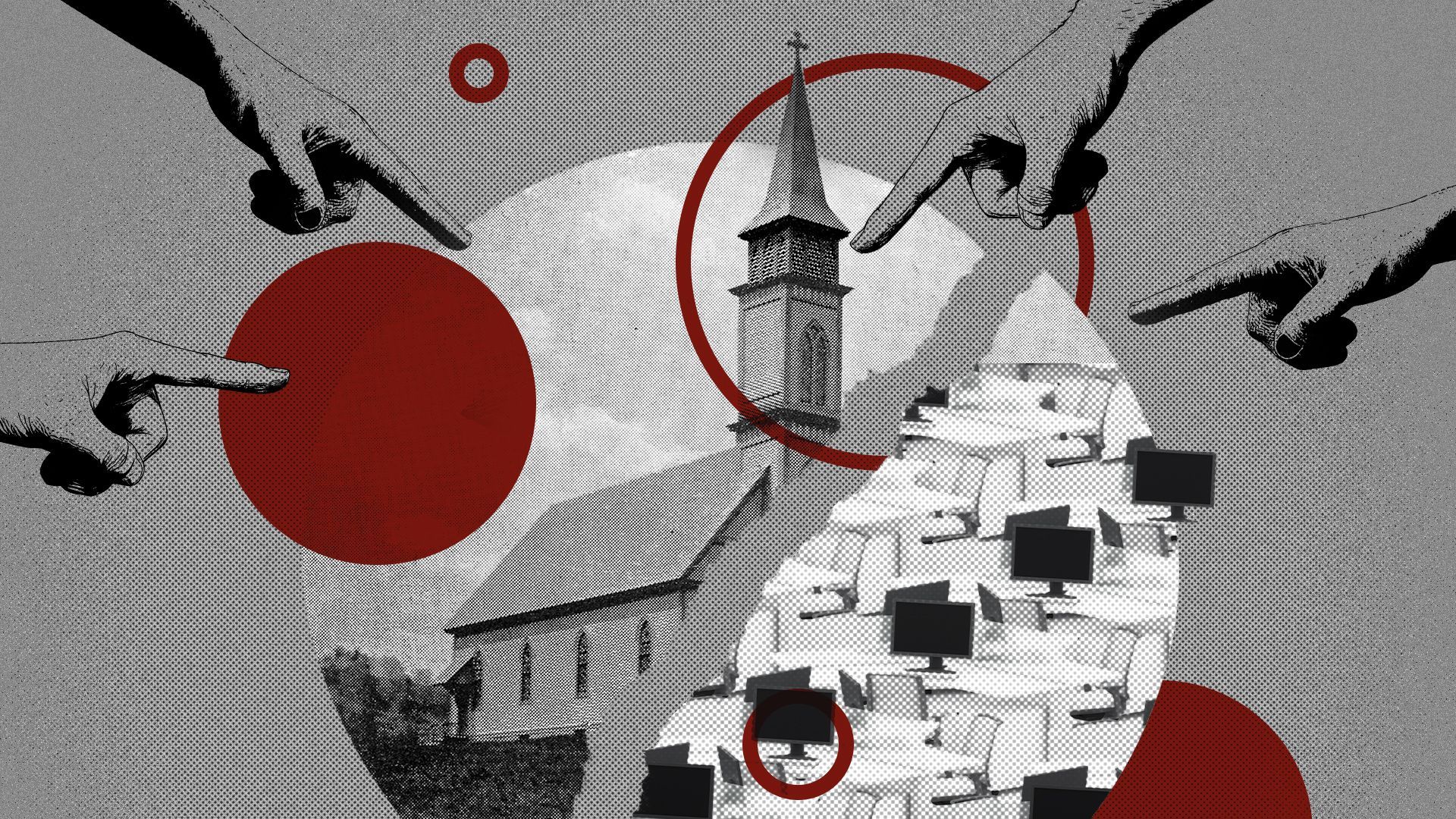 Illustrated collage of a photograph of a church and a series of cubicles forming two halves of a torn circle, with various hands pointing in the center, and abstract maroon circles all around.