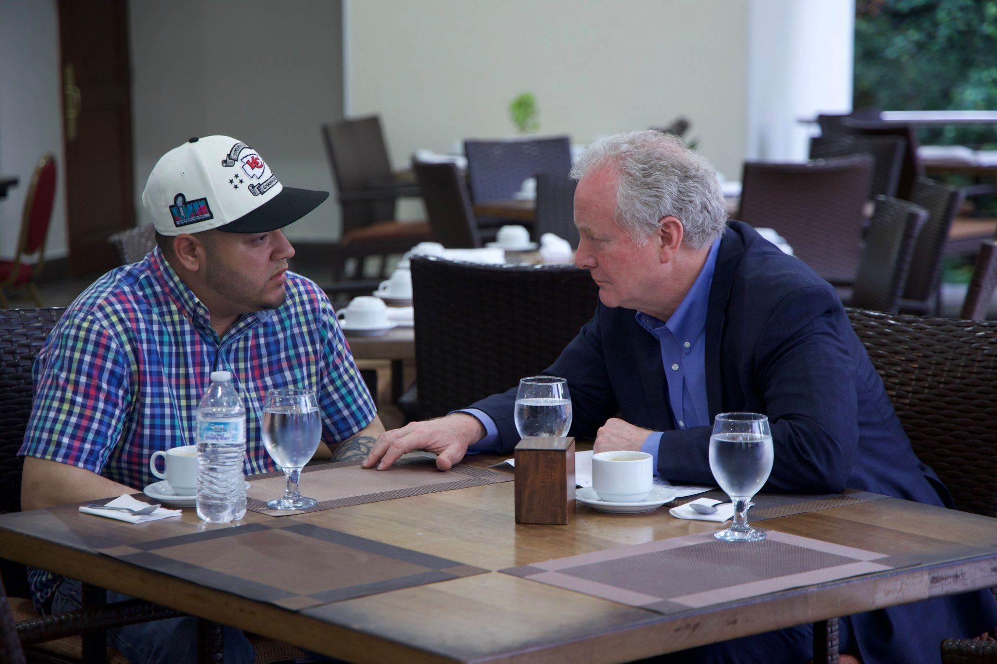 Sen. Chris Van Hollen (D-Md.) meets with Kilmar Abrego García in El Salvador yesterday.