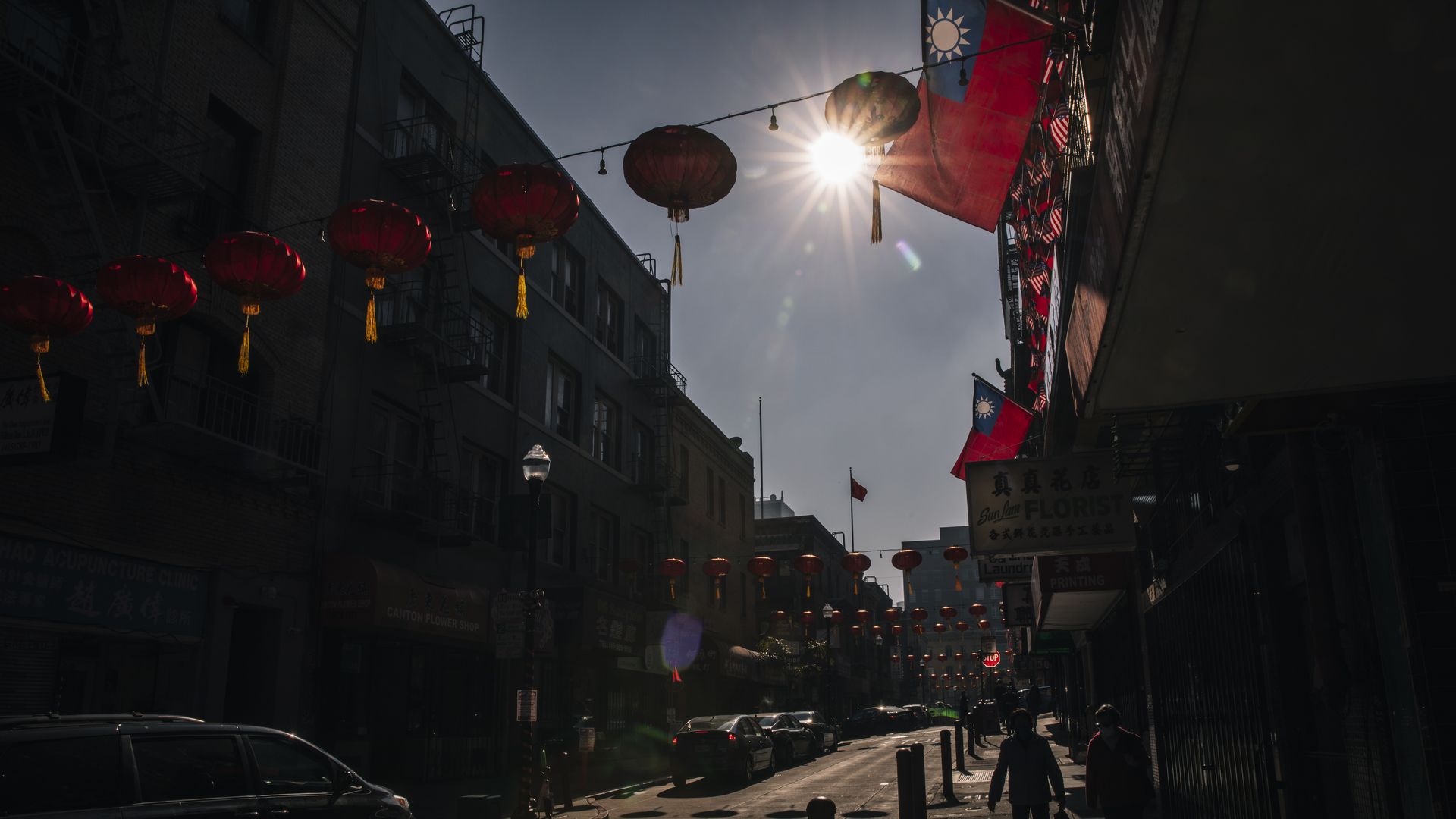 Photo of the Waverly place neighborhood in San Francisco Chinatown, showing red lanterns strung across the sky