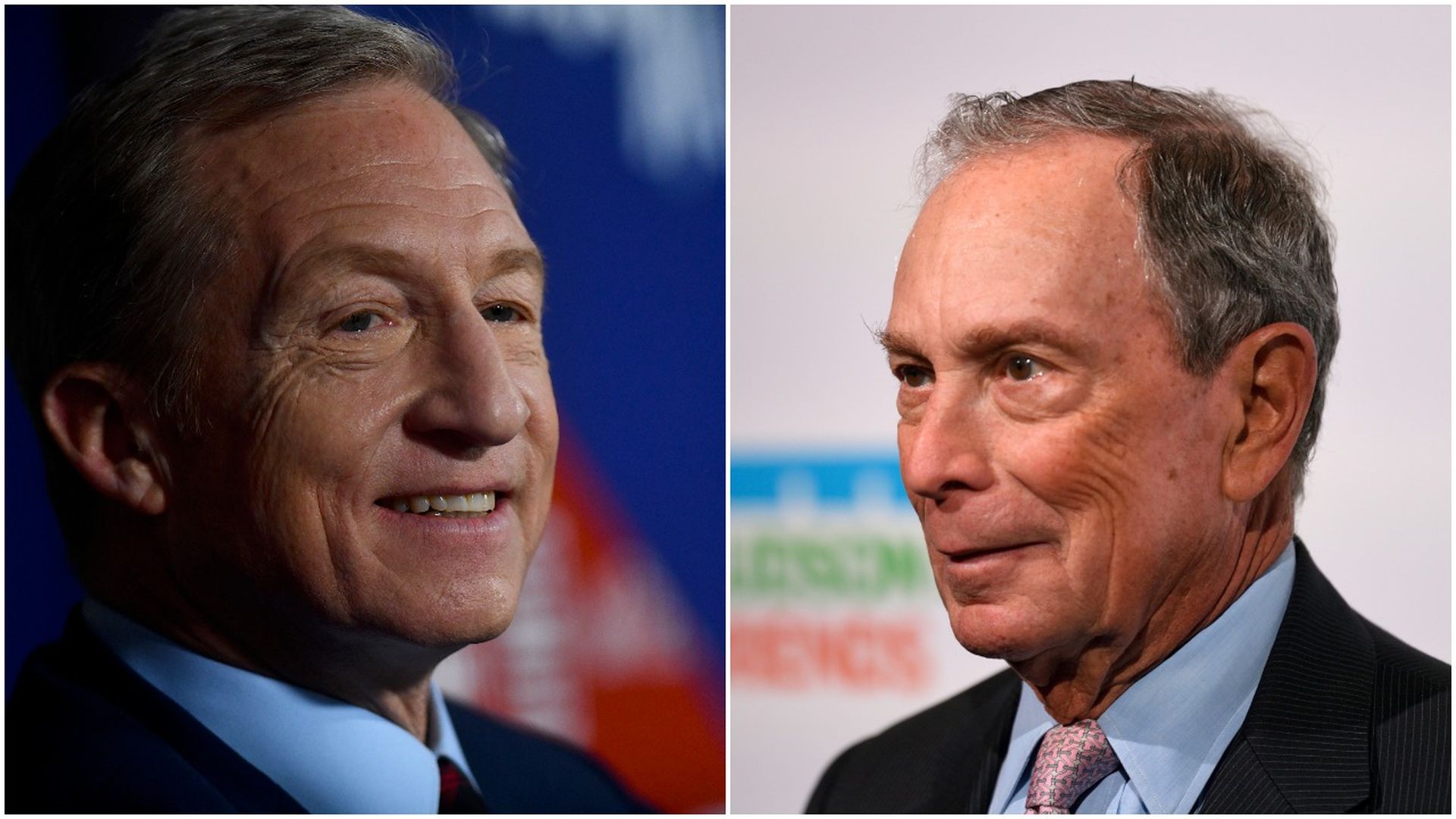 This image is a split-screen of Tom Steyer and Michael Bloomberg.