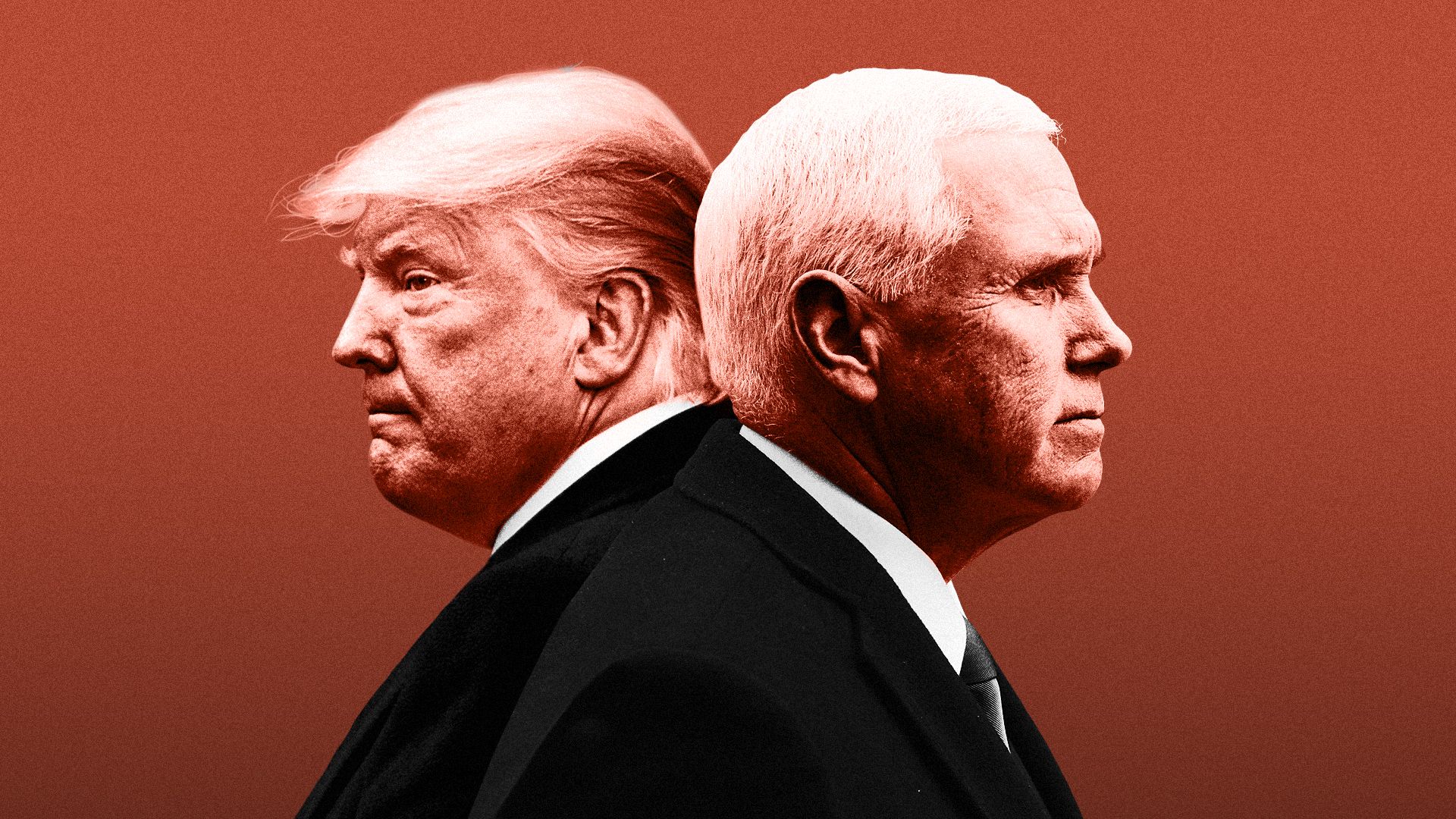 Illustration of Mike Pence and Donald Trump in profile facing away from each other.
