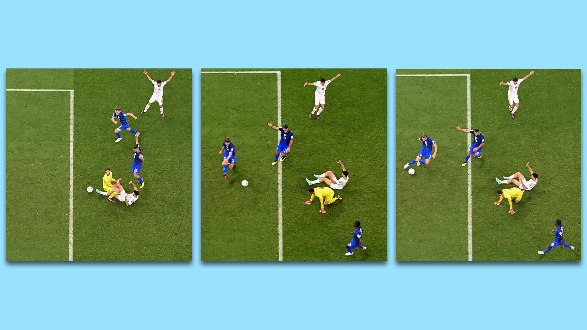 Overhead photograph of a soccer game.