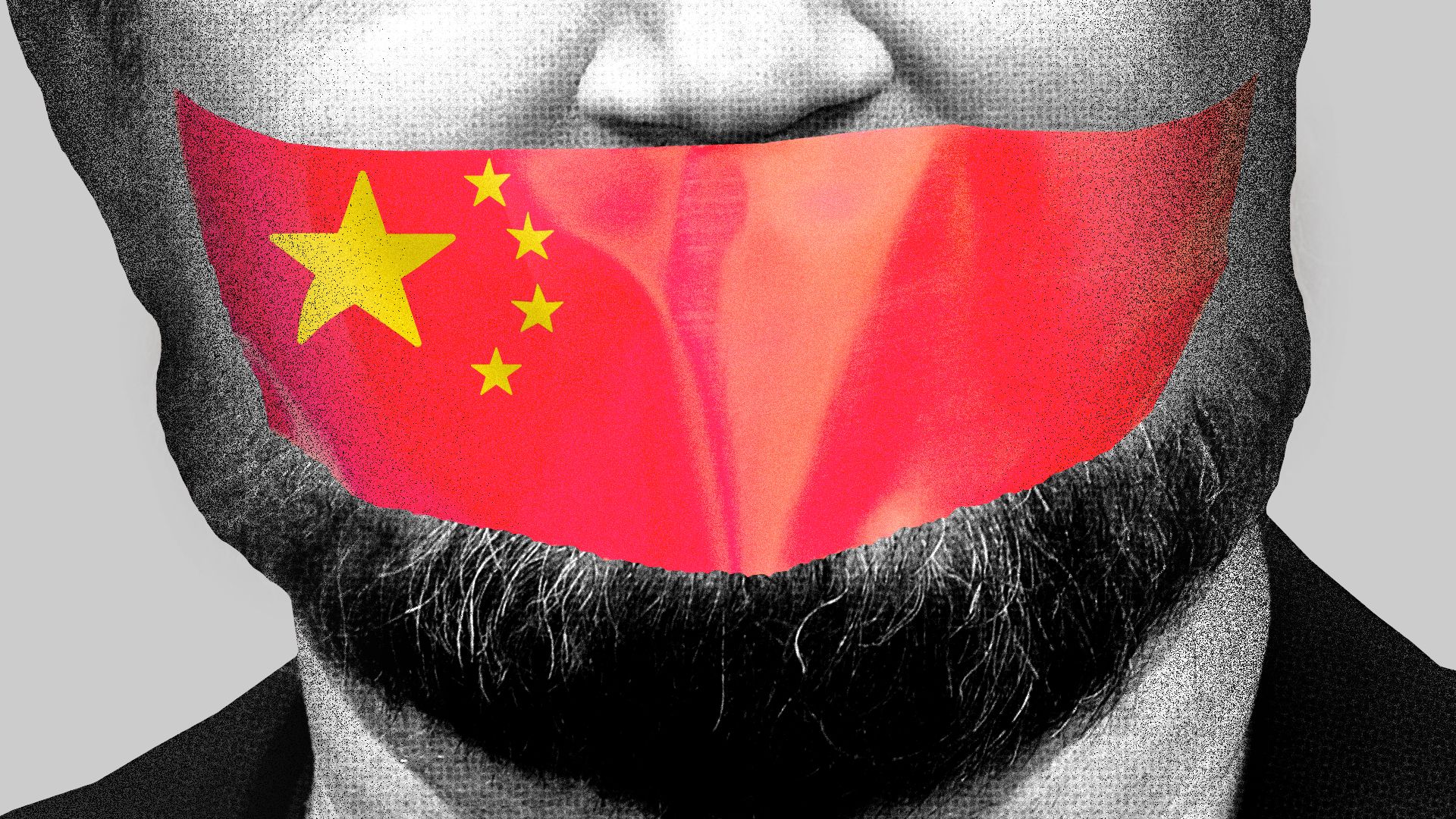 Illustration of a close up of Daryl Morey's face with tape over his mouth, the tape is the Chinese flag. 
